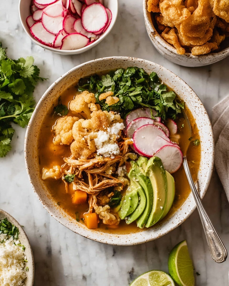A white speckled bowl filled with a layered soup featuring shredded chicken and chunks of orange roasted cauliflower in a light brown broth. On top, there are several layers: bright green fresh cilantro leaves in a corner, crispy light brown pork rinds stacked near the cilantro, thin white and pink radish slices piled next to the pork rinds, and thinly sliced green avocado placed in a neat row at the front. Small bits of white cheese are sprinkled over the soup. A metal spoon rests inside the bowl on the right side. Around the bowl on a white marbled surface are a small white bowl with more white and pink radish slices at the top left, a small white bowl filled with pork rinds at the top right, a lime wedge to the right, and some fresh cilantro leaves scattered to the left. Photo taken with an iphone --ar 4:5 --v 7
