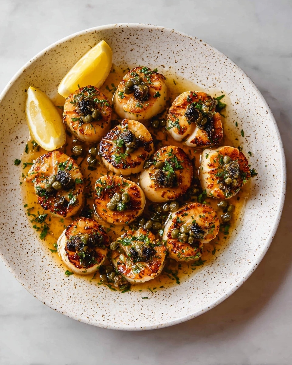 A large white speckled plate holds twelve golden brown grilled scallops arranged in a loose circle, each scallop topped with small dark green capers and sprinkled with fresh chopped herbs. Two lemon wedges, one near the top left and one near the bottom right of the plate, add a bright yellow contrast. The scallops sit in a shallow pool of glossy brown butter sauce that reflects light, resting on a white marbled surface. photo taken with an iphone --ar 4:5 --v 7