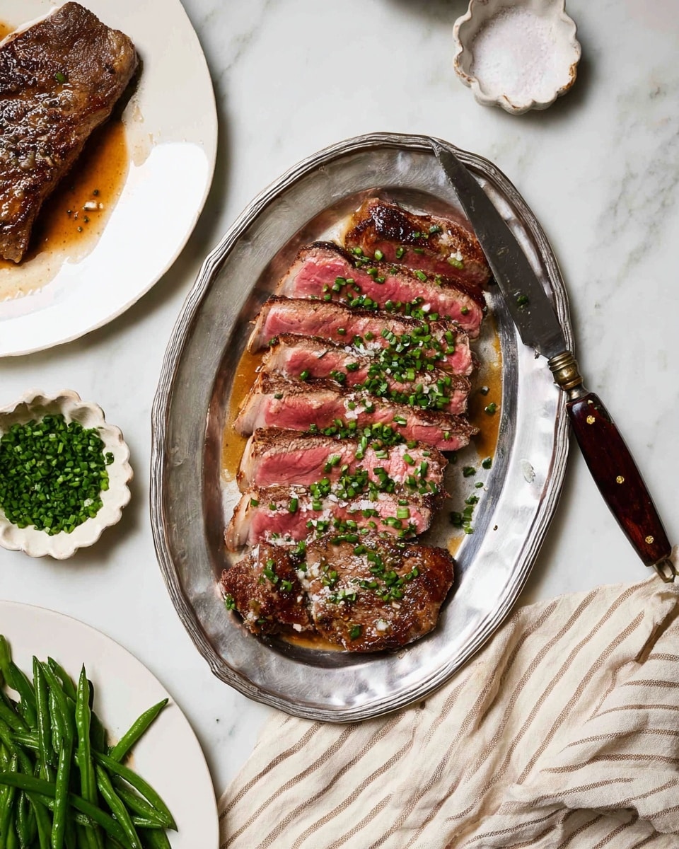 A silver oval plate holds about fifteen slices of medium-rare steak, showing pink centers and brown seared edges, arranged side by side with green chopped chives sprinkled on top. A dark tortoiseshell-handled knife rests on the right side of the plate. Nearby, a round white plate contains a cooked steak with browned crust and juices pooling around the edges. To the left, a small white bowl is filled with chopped green chives, and a scalloped white dish holds coarse salt. In the bottom left corner, part of a white plate with cooked green beans is visible. The scene is set on a white marbled surface with a beige and white striped cloth partially in view. photo taken with an iphone --ar 4:5 --v 7