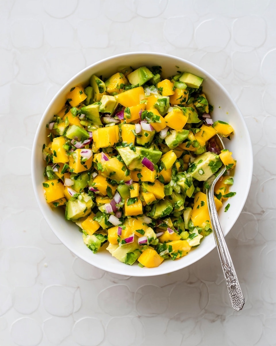 A white bowl is filled with a colorful mix of diced mango, green bell pepper, avocado, red onion, and chopped green herbs. The mango pieces are bright yellow with a smooth texture, while the avocado chunks are green with a creamy look. The diced red onions are small and pale purple, adding contrast. Fresh chopped herbs and green bell pepper bits are evenly spread throughout, giving a fresh and vibrant appearance. A silver spoon with a decorative handle is placed inside the bowl, resting on the edge. The bowl is set on a white marbled surface with a soft, round pattern. photo taken with an iphone --ar 4:5 --v 7