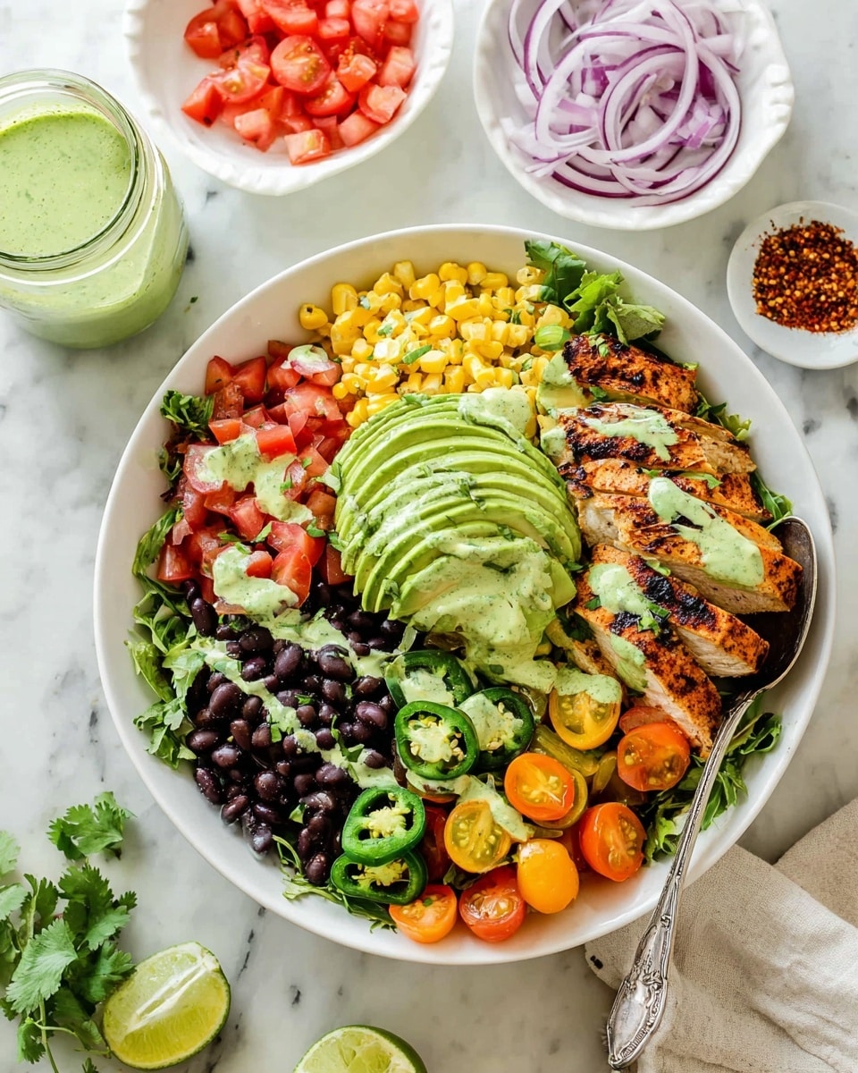 A white bowl filled with a colorful layered salad sits on a white marbled surface. Starting from the left, there is a pile of grilled yellow corn. Next to it, thinly sliced avocado fans out in a smooth, green layer drizzled with light green sauce. Below that, grilled chicken breast slices have a golden charred surface with sauce drizzled on top. Fresh green cilantro leaves rest under and around the chicken. To the right of the avocado, there are chopped red tomatoes placed next to shiny black beans. In the bottom right, sliced orange and yellow cherry tomatoes are layered over leafy greens. Scattered green jalapeño slices are visible near the beans and tomatoes. Thinly sliced red onion curls peek from beneath the chicken near the bottom. A spoon rests on the right side of the bowl. Surrounding the bowl are small white dishes with thinly sliced red onions, green jalapeños, and a red spice mix, along with a glass jar of green sauce and a halved lime. Photo taken with an iphone --ar 4:5 --v 7