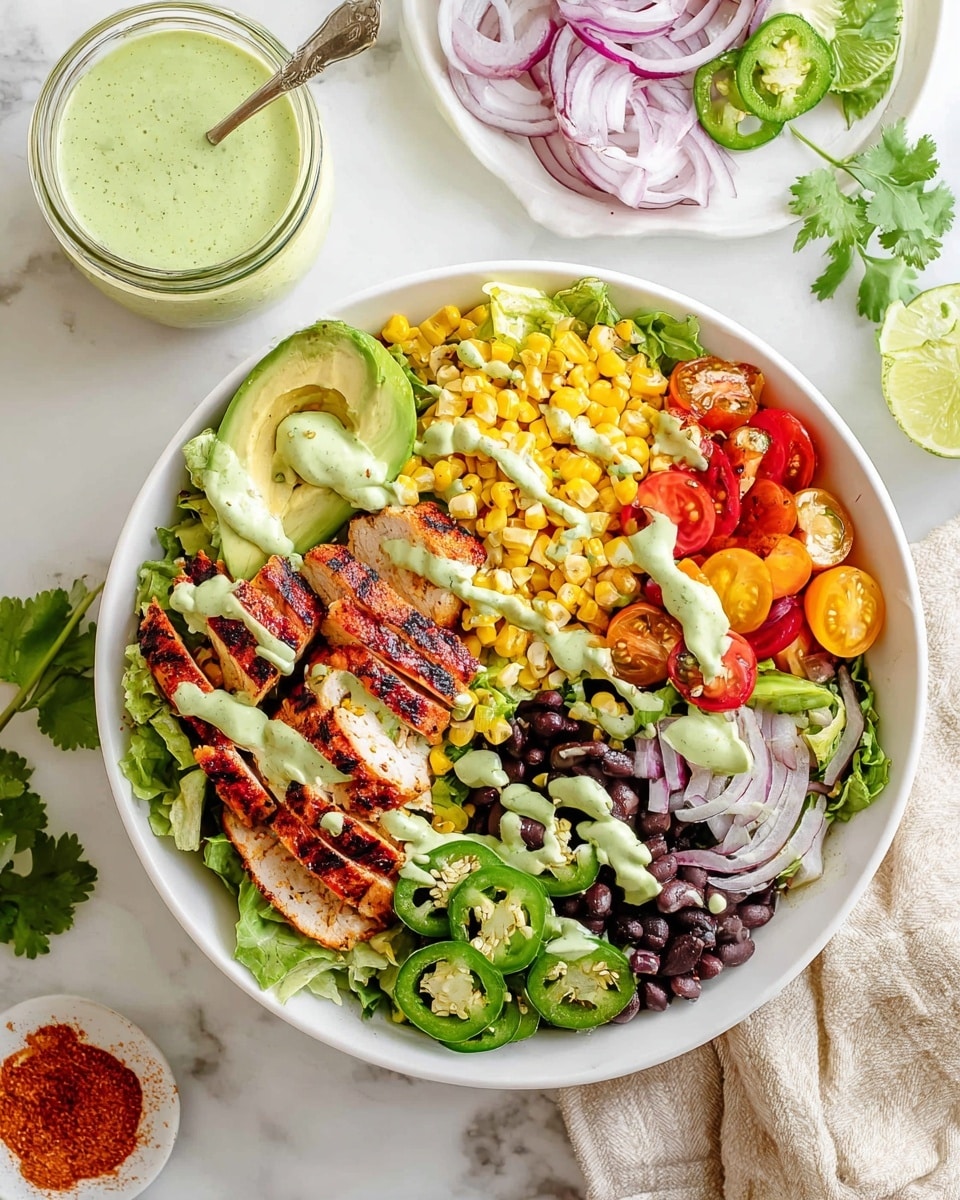 A white round bowl with a colorful layered salad consisting of grilled chicken slices with a charred red and white surface placed on green leafy lettuce, next to a pile of roasted yellow corn kernels, thinly sliced avocado with a light green drizzle on top, diced red tomatoes, black beans, sliced green jalapeño peppers, halved yellow and orange cherry tomatoes, and some thin rings of purple onion. A creamy green dressing is drizzled over the salad. The bowl is set on a white marbled surface surrounded by a jar of green dressing with a spoon, sliced red onions on a small white plate, sliced green jalapeños, fresh cilantro sprigs, half a squeezed lime, and a small plate of red spice. Photo taken with an iphone --ar 4:5 --v 7