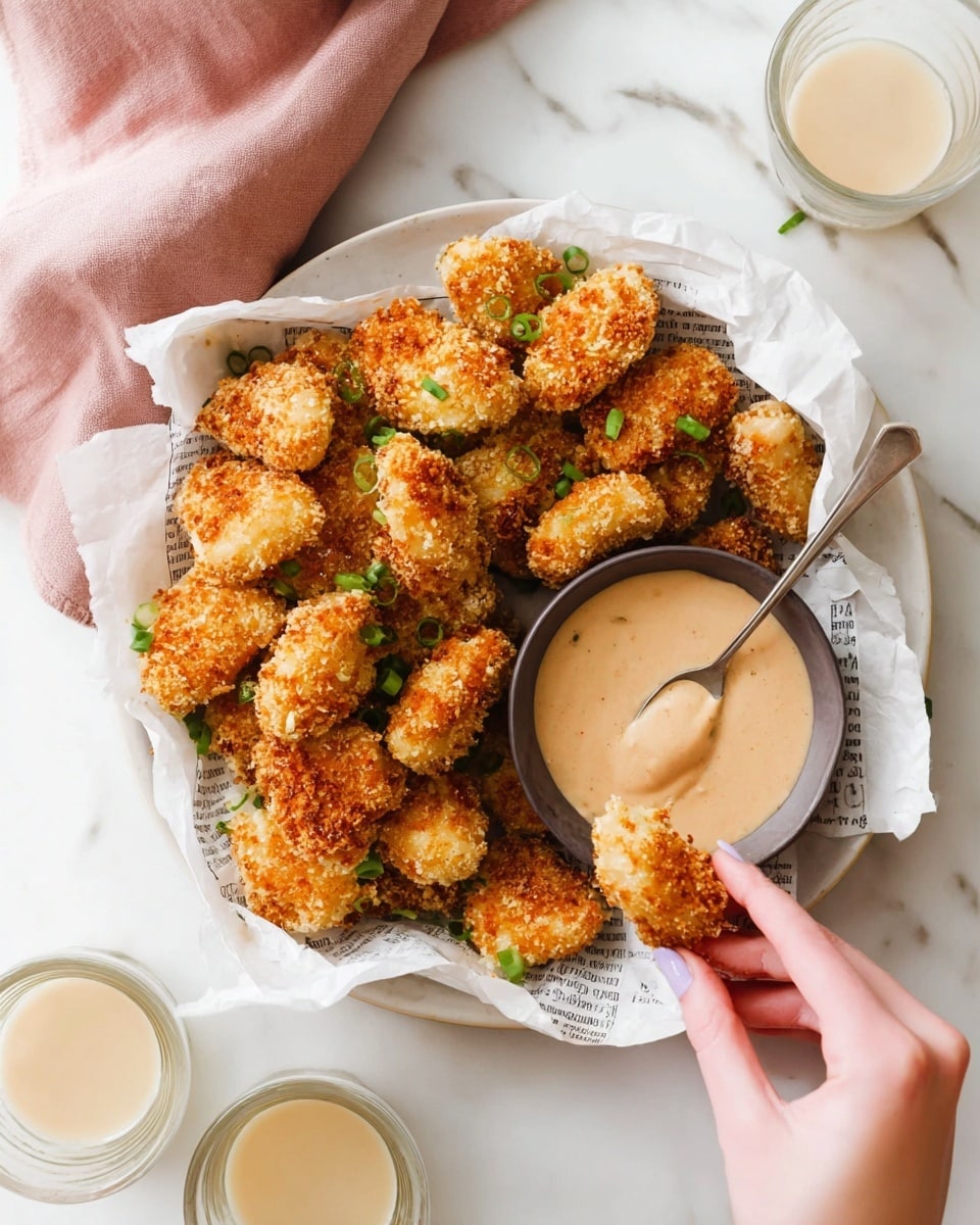 A white plate lined with crumpled parchment and newspaper holds about twenty golden-brown breaded chicken nuggets scattered unevenly, with small green onion pieces sprinkled on top adding a touch of bright color. On the right side of the plate, there is a round bowl filled with light beige dipping sauce with a smooth texture, and a spoon resting in it. A woman's hand with long nails is dipping a nugget into the sauce, showing a small piece covered in creamy sauce. Around the plate, there are two small glass cups filled with a pale beige liquid placed on a white marbled surface. In the top left corner, a soft pink cloth is partially visible. photo taken with an iphone --ar 4:5 --v 7