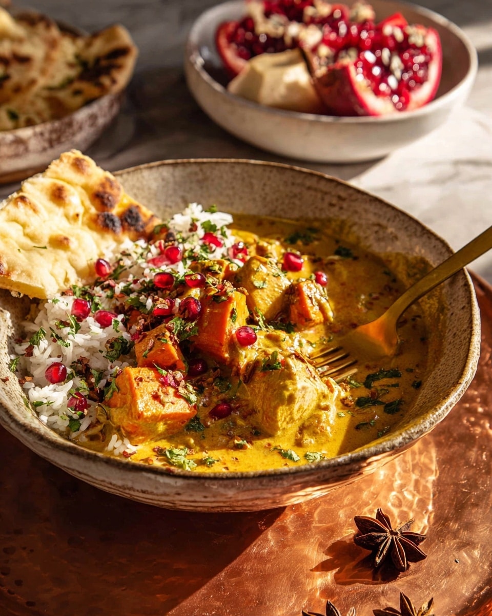 The dish is served in a rustic ceramic bowl filled with four main layers: a base layer of white rice with scattered green herbs, a thick creamy orange-yellow curry sauce covering chunks of grilled chicken and roasted vegetables like sweet potatoes with a slightly charred texture, a soft piece of flatbread resting on the side, and sprinkled bright red pomegranate seeds and green herbs for garnish on top. A golden spoon and fork rest inside the bowl partly on the rice. The bowl sits on a copper surface with star anise spices scattered around, and in the background, there is a white bowl with pomegranate seeds and fruit pieces on a white marbled textured surface. Photo taken with an iphone --ar 4:5 --v 7