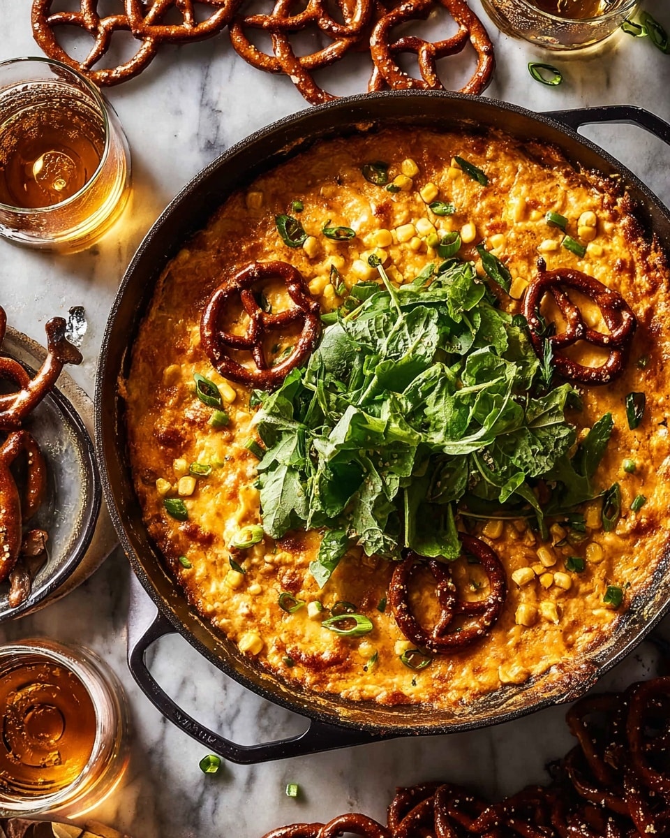 A round cast iron pan filled with a warm, bubbly orange and light brown cheese layer covering the base, with yellow corn kernels scattered on top. Fresh green herbs and leafy greens like cilantro and basil form a thick cluster in the center. There are several dark brown salted pretzels placed on the cheese, some partially submerged. The pan sits on a white marbled surface with a few scattered coarse salt grains and green herb leaves around. Nearby, glasses of amber-colored beer and a white plate with more pretzels are partially visible. photo taken with an iphone --ar 4:5 --v 7