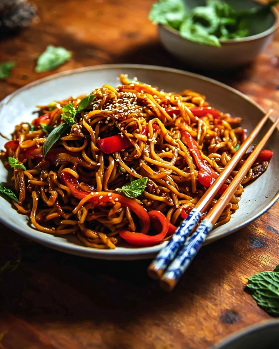 A deep white plate filled with a large mound of glossy, brown stir-fried noodles mixed with bright red bell pepper slices and thin green herbs throughout. Small white sesame seeds are sprinkled on top and around the noodles, adding texture. A pair of wooden chopsticks with blue and white decorative handles rests on the edge of the plate, angled to the right. In the background, slightly blurred, is a small white bowl with fresh green leaves and another pair of chopsticks. The setting is on a warm wooden surface with scattered green leaves nearby. photo taken with an iphone --ar 4:5 --v 7