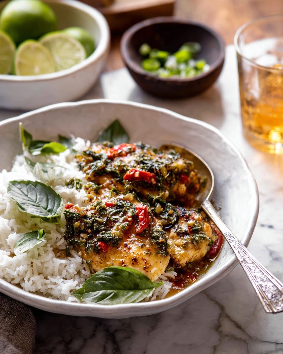 A white bowl holds a dish with a base layer of fluffy white rice, topped with two pieces of grilled chicken covered in a glossy, herb-filled sauce with shades of green and small bits of red chili. Fresh green basil leaves are scattered on the rice and chicken, adding vibrant color. A silver spoon with a decorative handle rests inside the bowl along the right edge. In the soft-focused background, there is a white bowl with lime halves and green herbs, a dark brown small bowl with chopped green onions, and a clear glass with light amber liquid on a white marbled surface. photo taken with an iphone --ar 4:5 --v 7