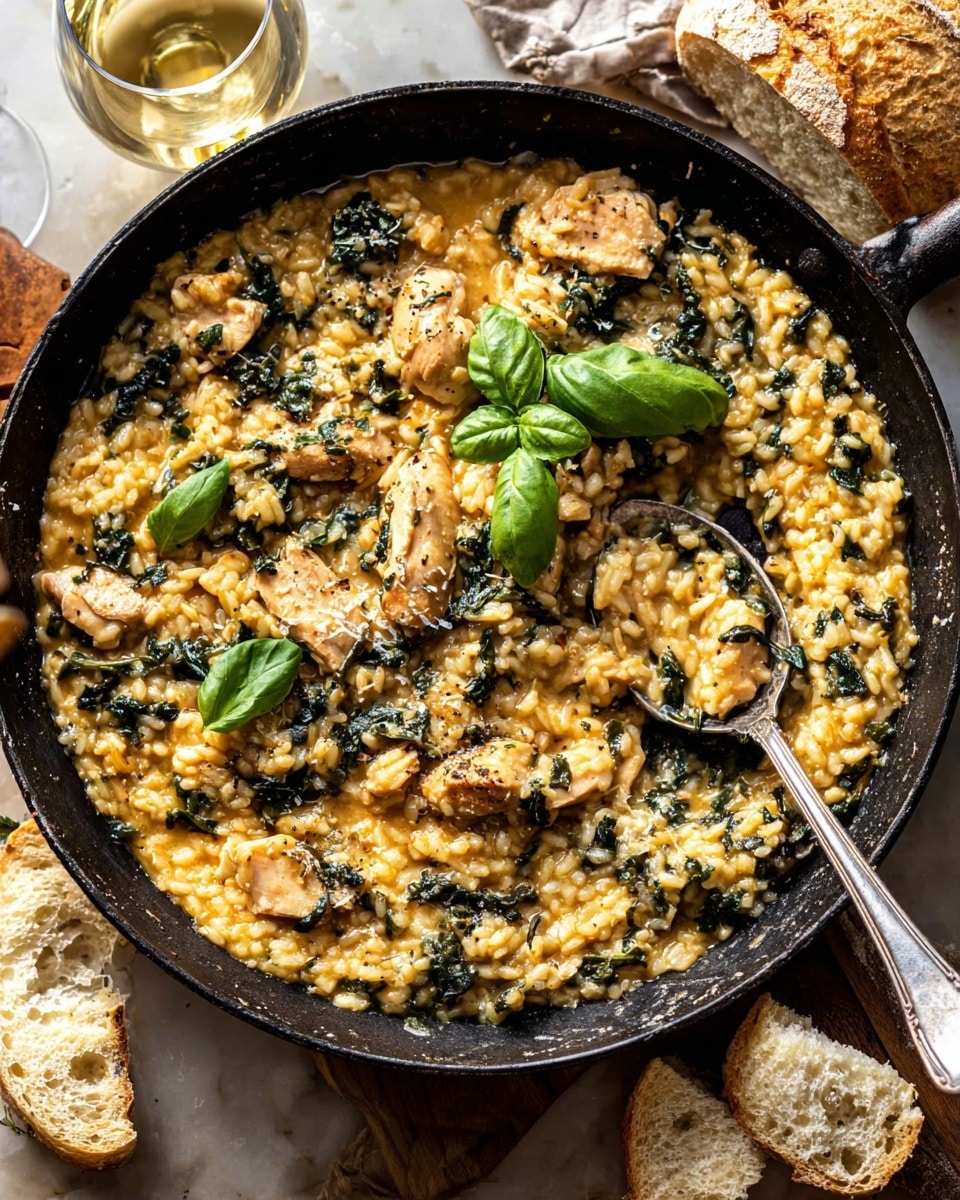 The image shows a black skillet filled with a creamy-looking risotto mixed with pieces of chicken and dark green leafy vegetables scattered throughout. On top, there are fresh green basil leaves adding a bright touch. The risotto grains are golden yellow with a slightly glossy texture from the sauce, and the chicken pieces are light brown and tender looking. A large silver spoon rests inside the skillet, scooping some of the risotto. Around the skillet, there are pieces of torn bread and a glass of white wine on a white marbled surface. The whole scene looks warm and rustic with natural light highlighting the textures. Photo taken with an iphone --ar 4:5 --v 7
