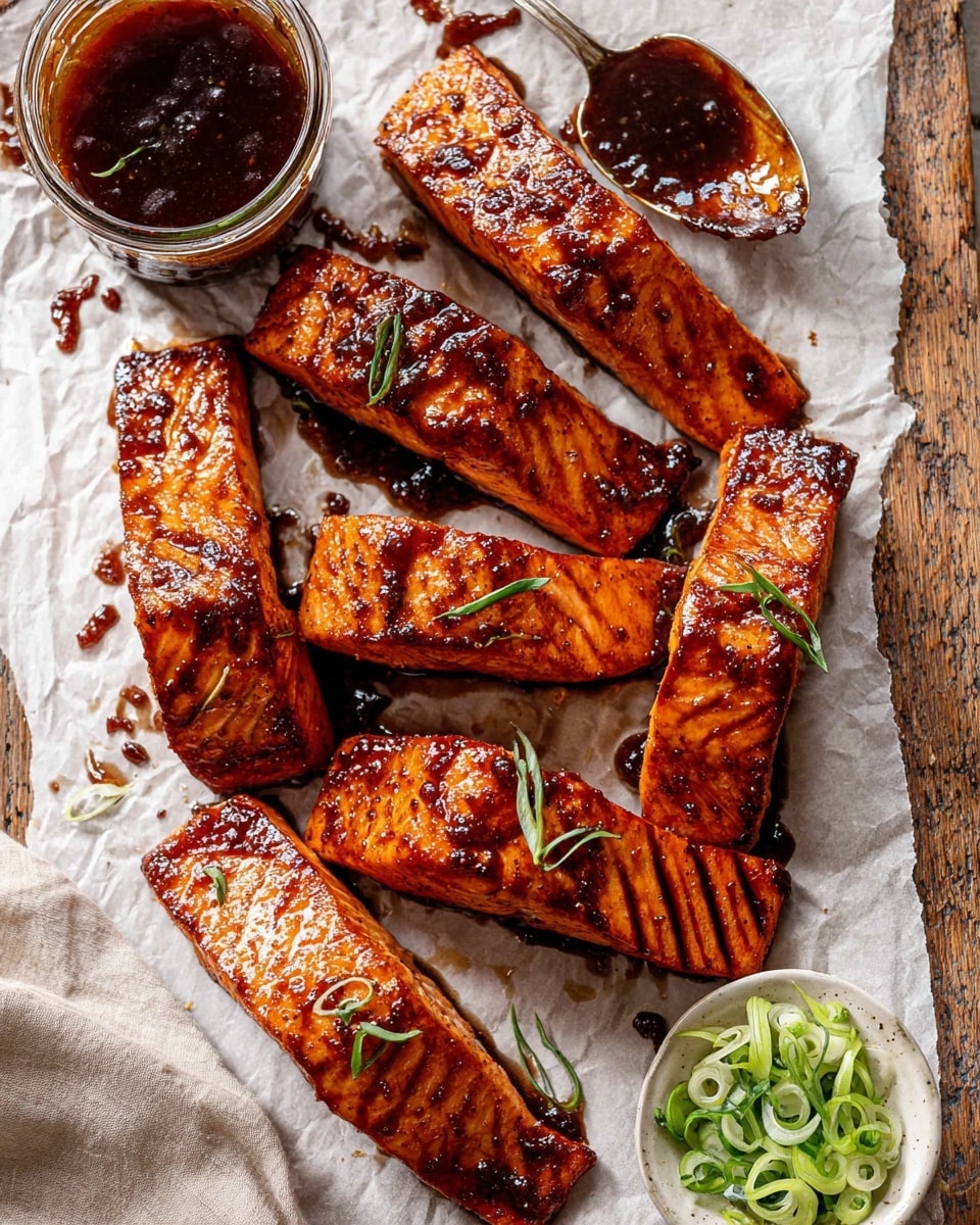 The image shows seven pieces of grilled salmon fillets with a shiny, dark reddish-brown glaze, arranged loosely on white parchment paper over a rustic wooden table. The salmon color is vibrant orange with grill marks clearly visible, and the glaze appears sticky with liquid droplets around. There are a few thin green herb leaves scattered on top of the fish for decoration. To the top left, there is a small jar filled with the same dark sauce and a silver spoon with sauce resting on the paper next to the salmon. On the right side, a small mound of fresh green onion slices and chopped herbs sit on a small round white dish. The whole setting is placed on a white marbled surface. photo taken with an iphone --ar 4:5 --v 7