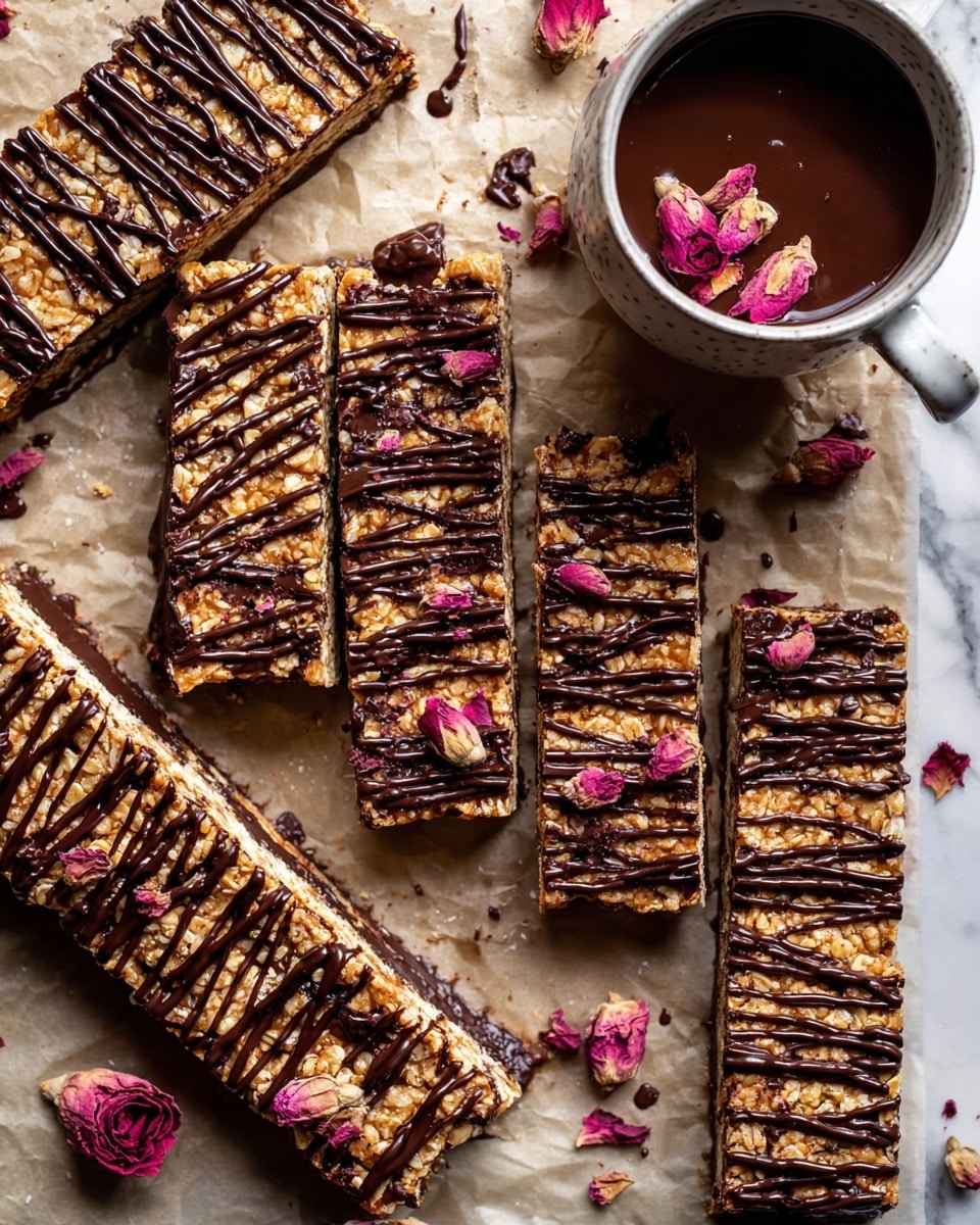 The image shows several rectangular oat bars with three visible layers: a bottom golden brown oat crust, a middle thick dark chocolate layer, and a top textured oat layer lightly drizzled with dark chocolate. The bars are cut into long rectangles, some stacked and some laid flat on parchment paper. Dark chocolate drizzle stripes run diagonally across all the bars, with a few dried pink rose petals scattered over them. To the top right, there is a small white cup filled with melted dark chocolate, also garnished with a rose petal, placed on the white marbled surface. Photo taken with an iphone --ar 4:5 --v 7