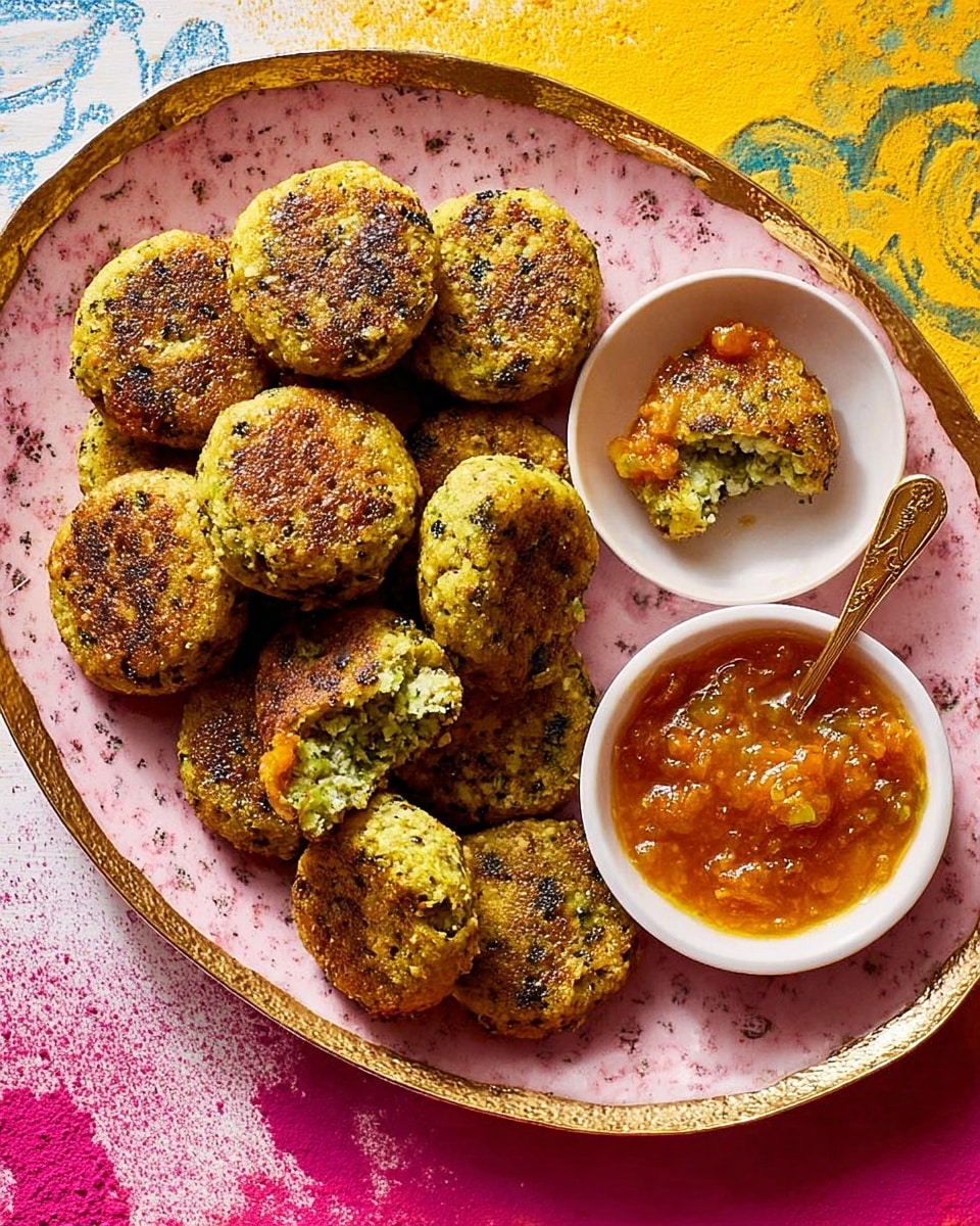 A white oval plate with a pink speckled pattern sits on a golden charger, filled with about a dozen round, golden-brown patties that have a rough, slightly crumbly texture with green and white bits inside; one patty is broken to show a green soft interior. On the side of the plate is a small white bowl with an orange chunky sauce, and a gold spoon resting inside it. The background is a white marbled surface with bright pink and yellow powder on one side and some blue coloring on the other. photo taken with an iphone --ar 4:5 --v 7