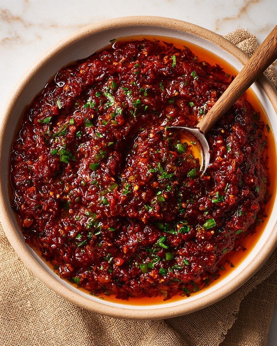 A close-up view of a thick deep red sauce with a chunky texture inside a white ceramic bowl, showing small pieces of ingredients mixed throughout. The sauce is topped with chopped green herbs scattered on the surface, and there is a shiny layer of oil adding a glistening effect. A spoon with a wooden handle is partially dipped into the sauce, resting near the edge of the bowl. The bowl sits on a rough beige cloth over a white marbled surface. photo taken with an iphone --ar 4:5 --v 7