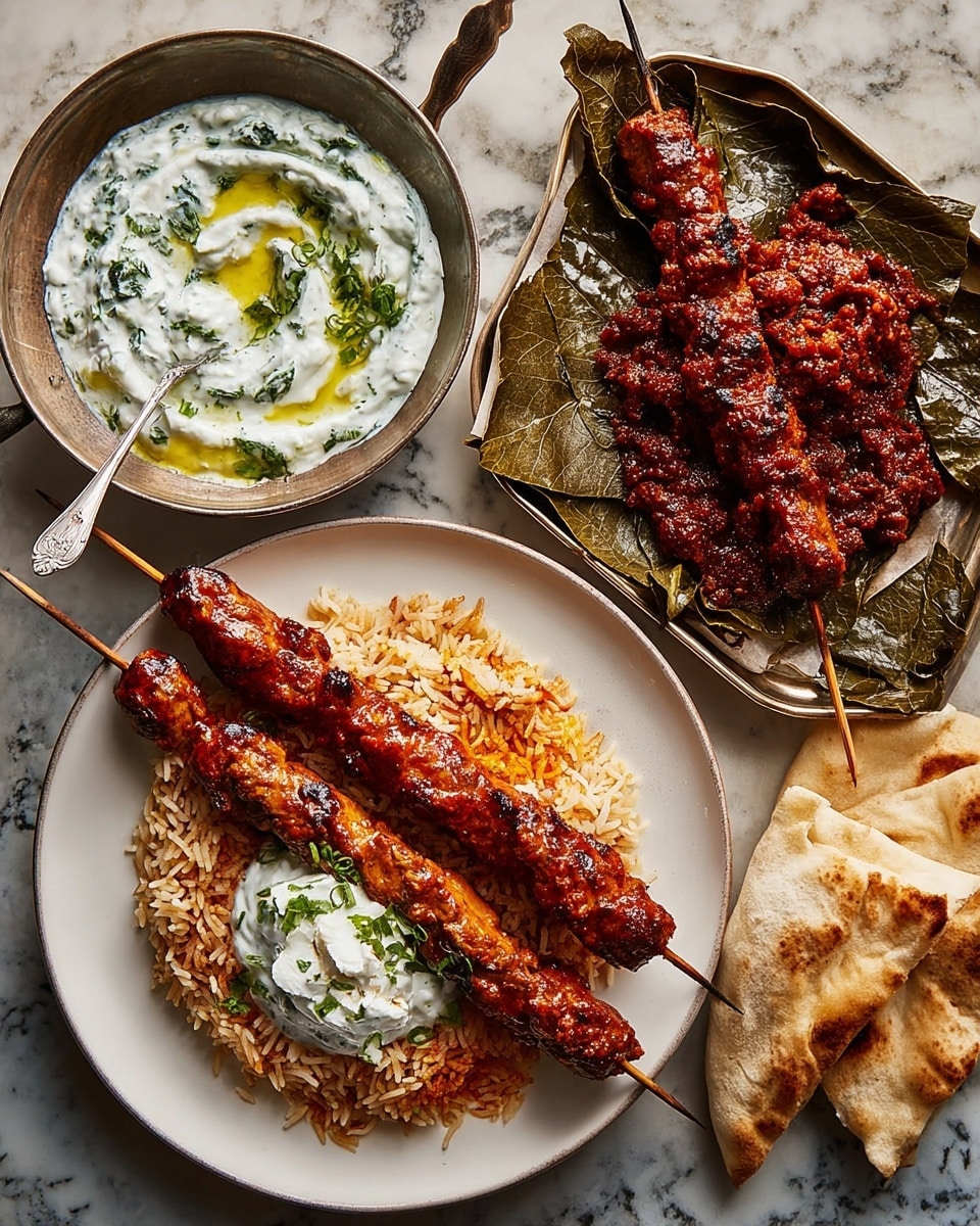 The image shows a white metal tray with four long brown grilled meat skewers glazed with reddish sauce, placed on the top right corner. Below the tray, there is a white bowl filled with creamy white cucumber yogurt sauce with green herbs and a drizzle of yellow oil, with a silver spoon on top. To the right, a white round plate holds a serving of light brown rice at the bottom, topped with two skewers of the same grilled meat, a dollop of the yogurt sauce, a dark red chunky meat stew on the right side, and a wrapped grape leaf placed over the rice. Pieces of folded pita bread rest beside the bowl on the left. All items sit on a white marbled texture background. Photo taken with an iphone --ar 4:5 --v 7