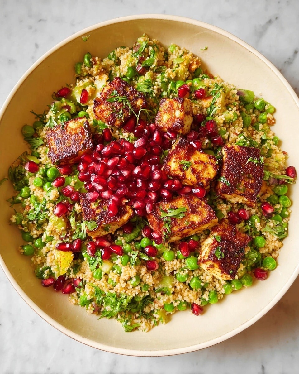 A white bowl filled with a colorful dish showing three main layers: the base is light brown bulgur wheat mixed with bright green peas, ripe green herbs, and small bits of light yellow vegetables, the middle layer features medium-sized golden-brown chunks of grilled tofu or paneer, and the top layer is sprinkled with shiny deep red pomegranate seeds scattered unevenly. The bowl sits on a white marbled surface. photo taken with an iphone --ar 4:5 --v 7