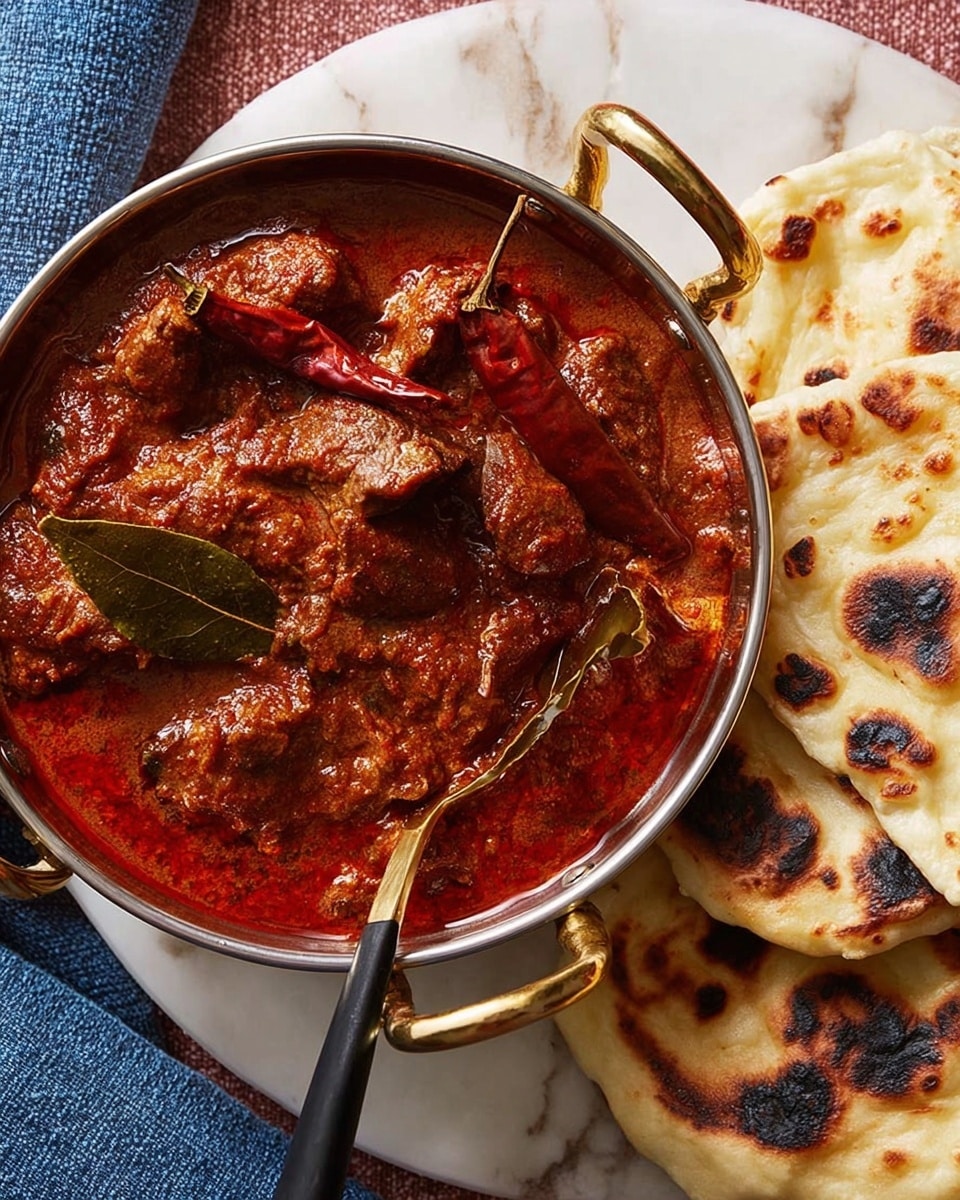 A shiny metal bowl with gold handles holds thick red curry with chunky pieces of meat, visible bay leaves, and a whole dried red chili on top, the sauce looking rich and slightly oily. A gold spoon with a black handle is partly dipped inside the curry, resting on the edge of the bowl. Beside the bowl, on a round white plate, there are pieces of naan bread with dark char marks and a soft, fluffy texture. The setting includes a white marbled surface and a blue cloth partially visible near the bottom left. Photo taken with an iphone --ar 4:5 --v 7