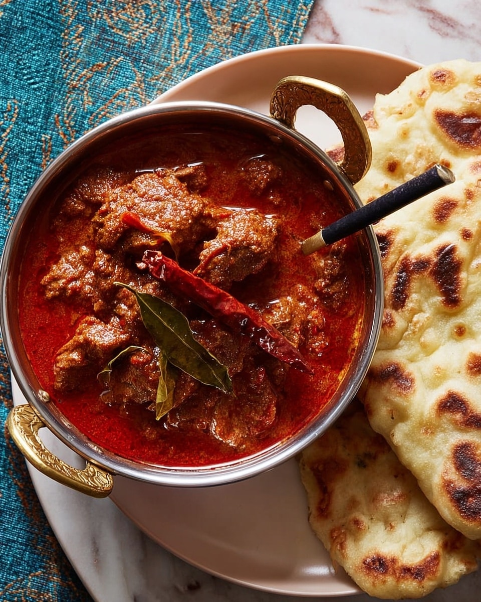 A round silver bowl with two gold handles holds a thick red curry with visible chunks of meat and bay leaves on top, along with a dried red chili. The curry has a rich, textured sauce with bits that look soft and tender. A gold spoon with a black handle rests in the curry, partially submerged. To the right of the bowl, there are pieces of flatbread with toasted, browned spots stacked on a white plate. The background is a white marbled texture with a blue-green woven cloth placed near the bottom left corner. photo taken with an iphone --ar 4:5 --v 7