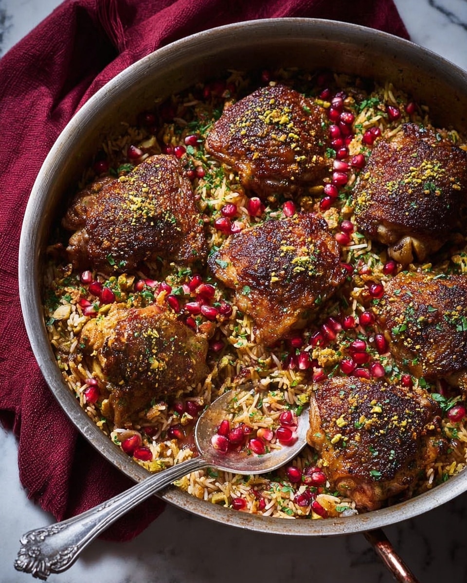 A large metal pan holds a dish made of seven browned, crispy chicken thighs arranged over a bed of seasoned rice mixed with nuts and herbs. The chicken pieces have a dark golden crust with sprinkled green herbs and crushed pistachios on top. Bright red pomegranate seeds are scattered throughout the rice and chicken, adding a fresh pop of color. A large silver spoon rests in the pan, with some rice and pomegranate seeds on it. The pan sits on a white marbled surface, with a folded deep red cloth nearby. The scene has warm lighting highlighting the texture and colors of the food, photo taken with an iphone --ar 4:5 --v 7