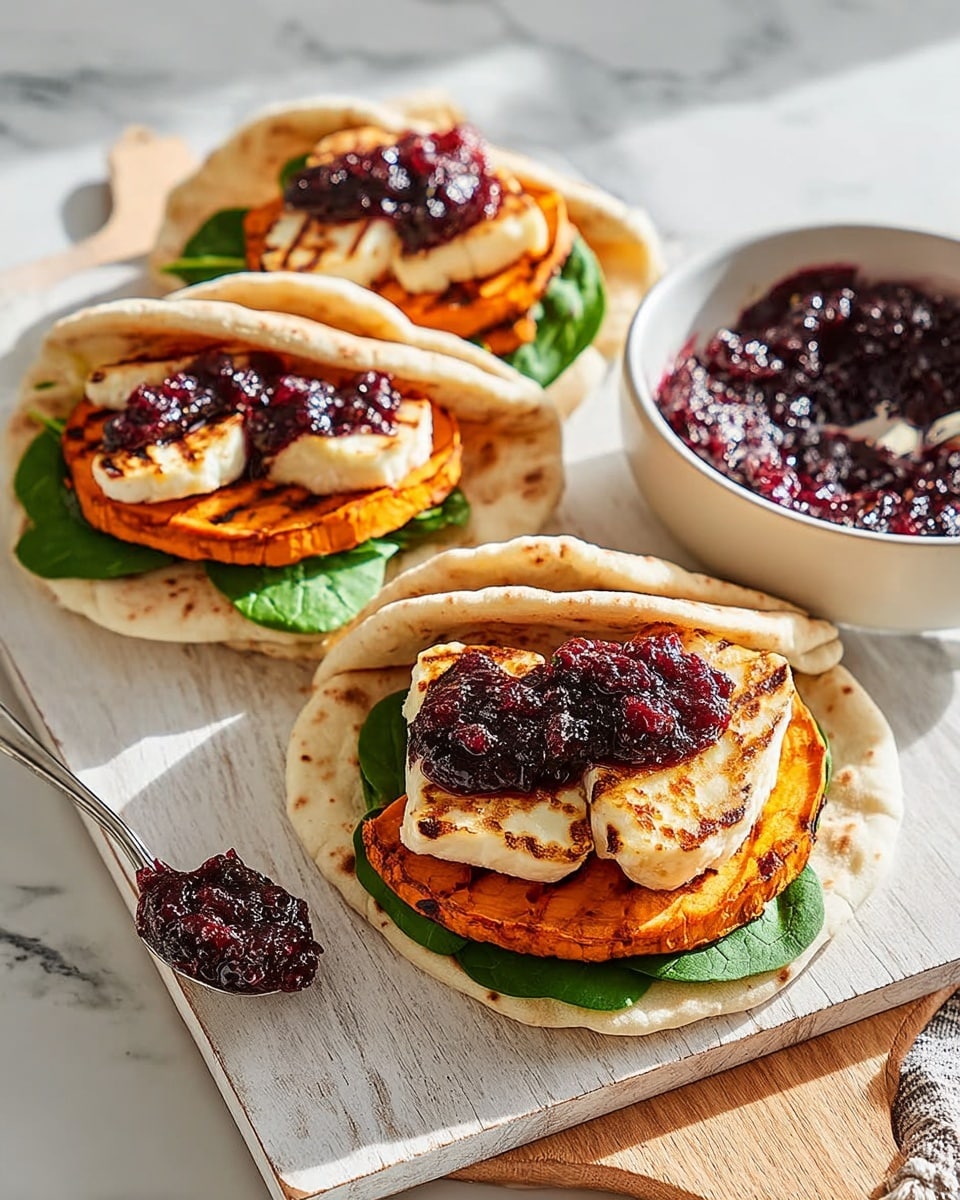 Three flatbread sandwiches sit on a white wooden board placed on a white marbled surface. Each sandwich has a soft, folded flatbread base that holds a layer of fresh green spinach leaves, followed by three thick, orange slices of roasted sweet potato stacked evenly. On top of the sweet potato is a layer of golden-brown grilled halloumi cheese, lightly charred and slightly glossy. A generous dollop of dark purple-red berry chutney with a chunky texture is spread over the cheese. To the right, a white bowl filled with more berry chutney sits on the white marbled surface, and a silver spoon with a small scoop of chutney rests on the board. The overall scene is bright with natural light highlighting the colors and textures clearly, photo taken with an iphone --ar 4:5 --v 7