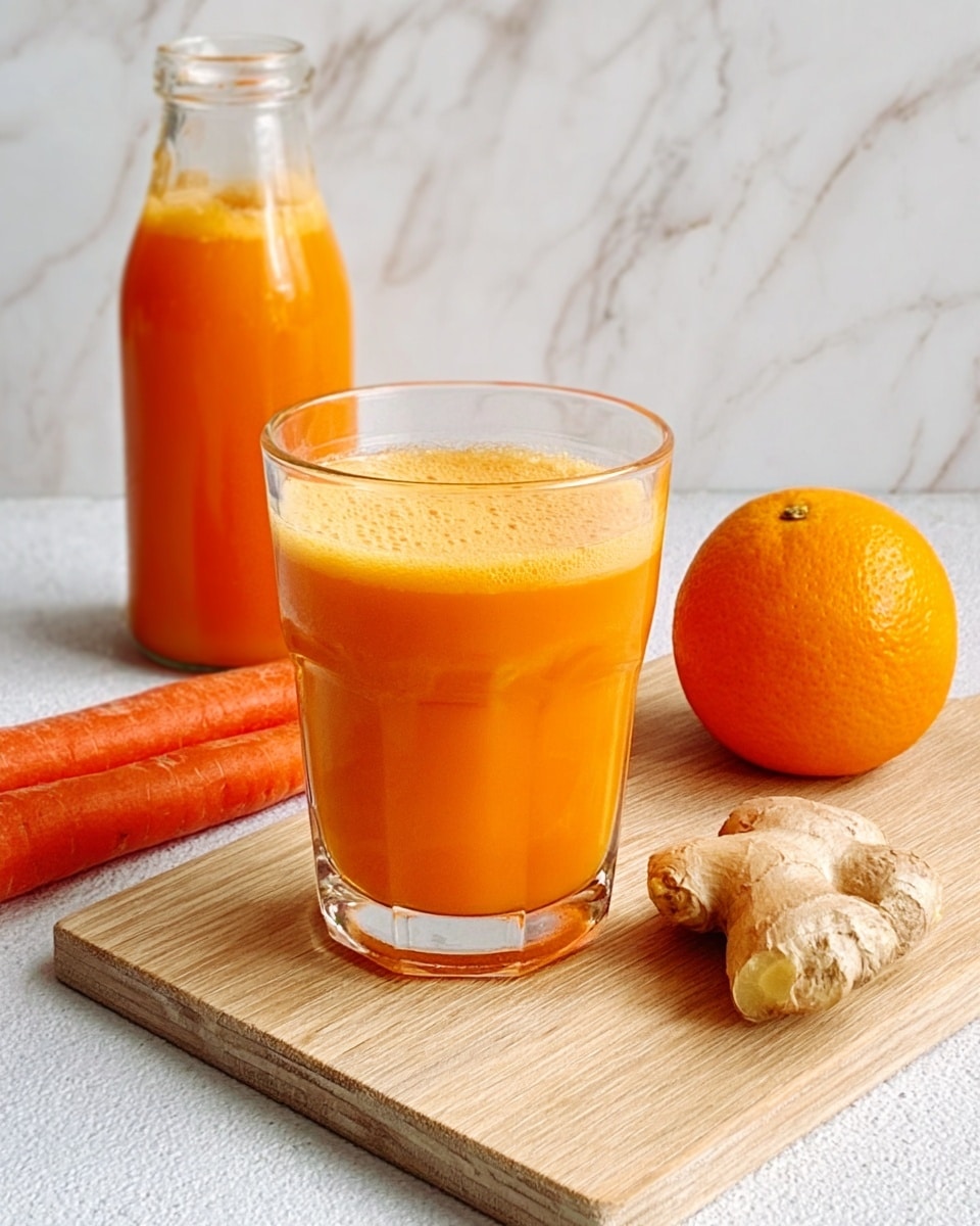 A clear glass filled about three-quarters with bright orange juice sits on a light wooden cutting board with visible grain. Behind the glass, a tall clear bottle holds more of the same orange juice. Next to the glass on the board, there is a whole fresh orange, two whole carrots, and a piece of ginger root, all resting gently. The background and surface beneath are white with a marbled texture, creating a fresh and clean look. photo taken with an iphone --ar 4:5 --v 7