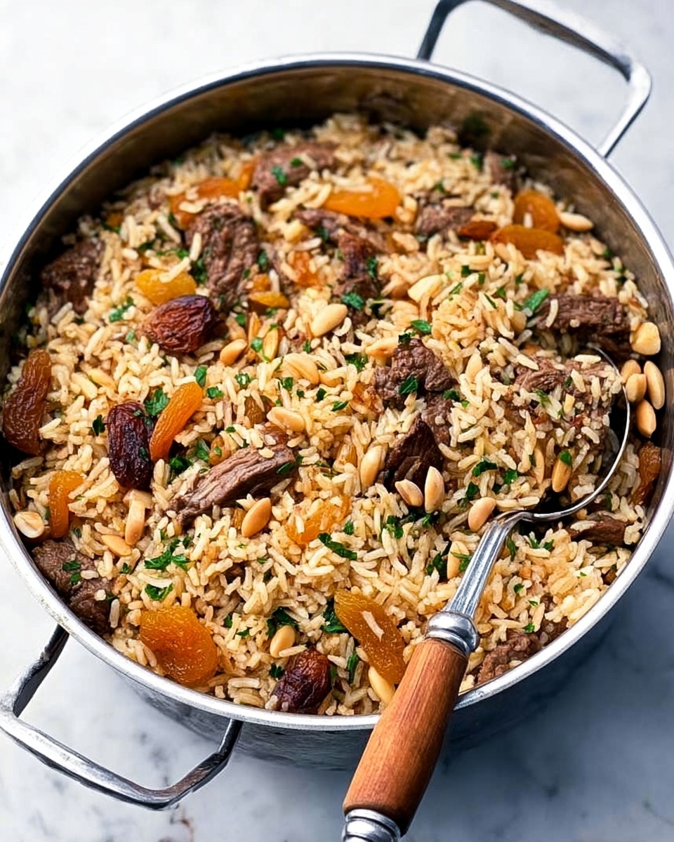 A silver pot filled with cooked rice mixed with pieces of browned meat and small apricot-colored dried fruits scattered evenly throughout. The rice is light brown with a fluffy texture, dotted with green herb bits and light beige pine nuts. A silver spoon with a wooden handle is placed inside the pot, resting against the side. The pot is set on a white marbled surface. The overall look is warm and savory, showing a rich mix of textures and colors. photo taken with an iphone --ar 4:5 --v 7