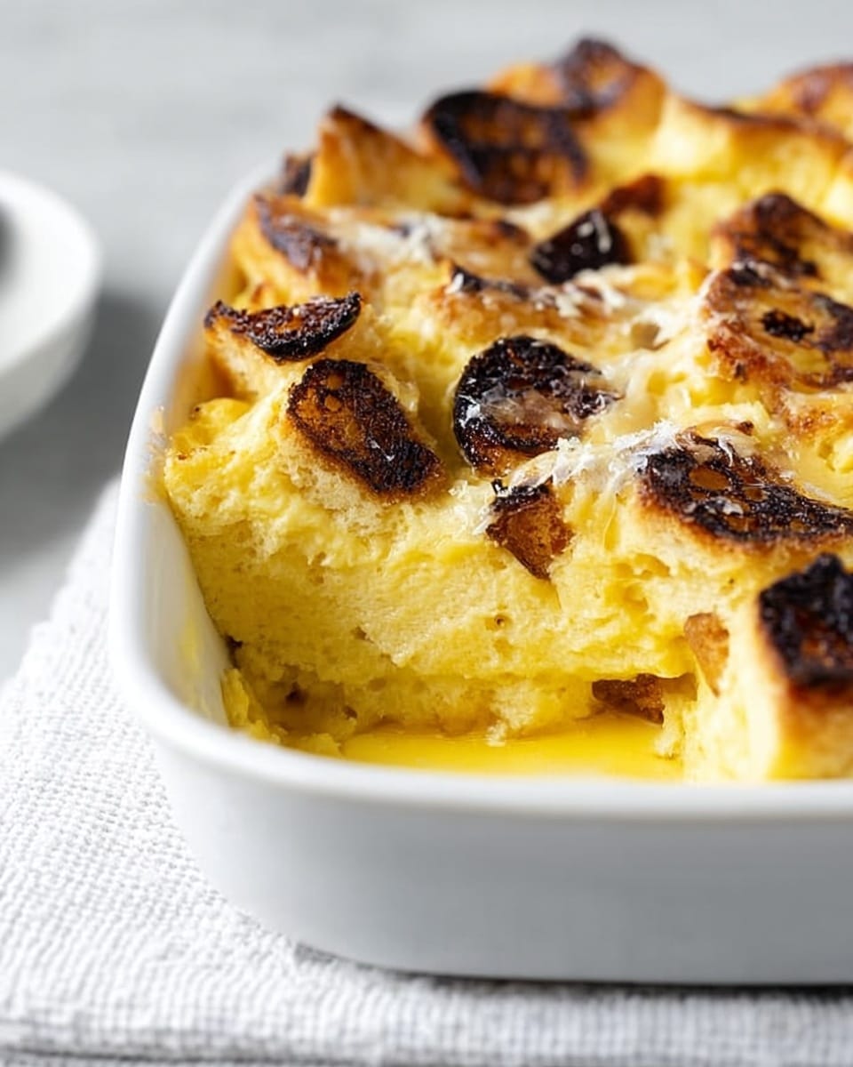 A close-up view of a creamy yellow bread pudding in a white ceramic baking dish, showing multiple layers of thick, soft custard and toasted bread pieces with a browned, slightly crispy top. The bread is unevenly cut into small chunks that have dark brown toasted edges contrasting with the lighter yellow custard soaking into the bread layers. The dish rests on a white textured cloth, with a smooth white marbled surface in the background. Photo taken with an iphone --ar 4:5 --v 7