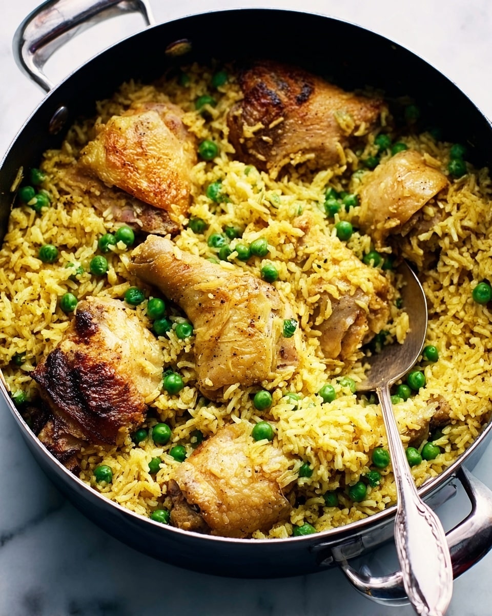 A deep black pot filled with a yellow rice dish mixed with bright green peas and browned chicken pieces on top, each piece of chicken showing a crispy skin texture. The rice looks fluffy with a slightly oily sheen, and the green peas are scattered evenly throughout. A silver spoon rests inside the pot, angled to the right. The pot sits on a white marbled surface with soft natural lighting illuminating the scene. photo taken with an iphone --ar 4:5 --v 7
