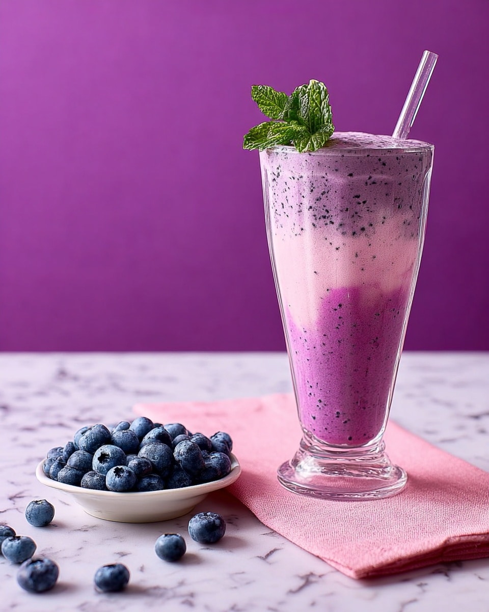 A tall, clear glass filled with a thick, creamy purple smoothie with small dark specks shows two layers blending from light purple on the left to a darker pinkish purple on the right. The smoothie is topped with a fresh green mint sprig. A clear glass straw is inserted into the drink. Next to the glass, on a white marbled surface with a pink napkin, is a small white dish filled with fresh blueberries, with a few blueberries scattered around it. The background is a solid purple color. photo taken with an iphone --ar 4:5 --v 7