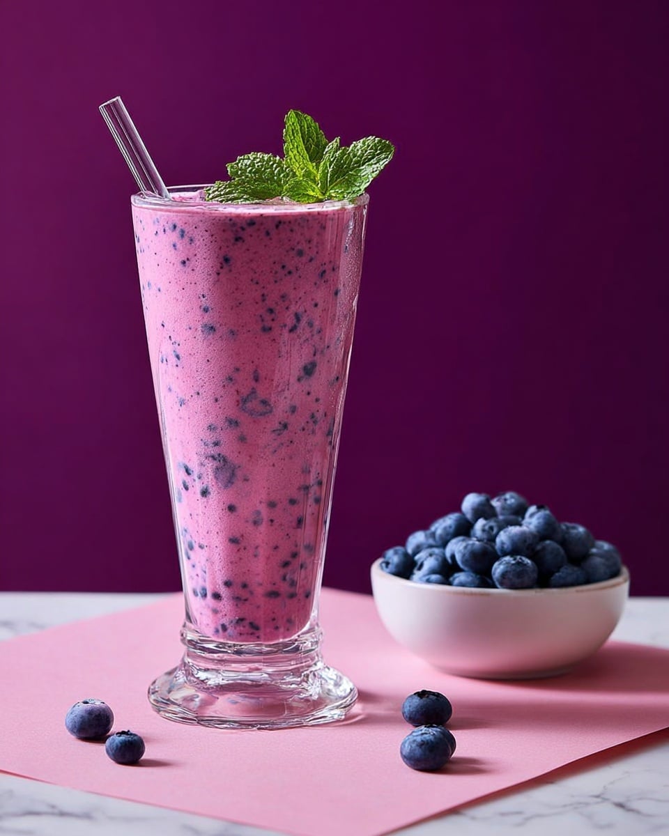 A tall, clear glass holds a thick, pink and purple blueberry smoothie with small dark specks evenly mixed throughout; the top layer is garnished with a fresh green mint sprig and a clear straw stands in the drink. To the right of the glass, there is a white bowl filled with fresh blueberries and a few blueberries scattered on the white marbled surface beneath, which has a pink paper underneath the glass and bowl. The background is a solid deep purple color. Photo taken with an iphone --ar 4:5 --v 7