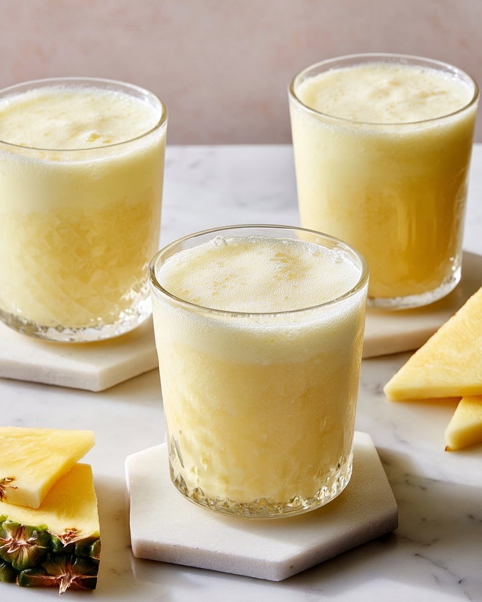 Three clear glasses filled with a smooth and creamy pale yellow pineapple smoothie sit on a white marbled surface. Each glass has a textured pattern and is filled almost to the top with the thick smoothie showing tiny bits of pineapple inside. To the right of the glasses, there are two fresh pineapple wedges with a greenish-brown skin and light yellow fruit. The glasses and pineapple pieces are placed on white hexagonal tiles. The background is light and softly blurred, adding a clean and fresh feeling to the scene. Photo taken with an iphone --ar 4:5 --v 7