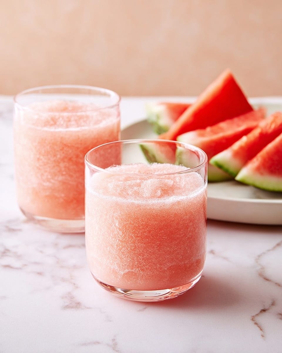 Two clear glasses filled with a light pink, frothy watermelon drink are placed on a white marbled surface. The drink has a textured, icy consistency and fills each glass almost to the top. In the background to the right, a white plate holds several triangular slices of watermelon with bright red flesh and green rind. A soft, light peach-colored backdrop completes the setting. photo taken with an iphone --ar 4:5 --v 7