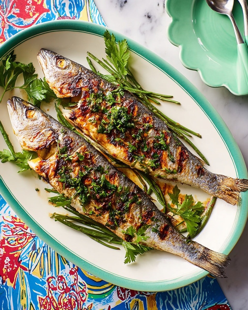 Two whole grilled fish with golden-brown, slightly charred skin lie side by side on a white oval plate with a thin green rim. The fish are garnished with fresh green parsley leaves and long, thin green stalks, possibly sea beans, scattered around and partially under the fish. The plate rests on a colorful, patterned cloth with blue, red, and yellow designs, set against a white marbled surface. Nearby, there is a white plate with a scalloped mint-green edge and three mint-green-handled utensils. The scene is bright and vibrant. photo taken with an iphone --ar 4:5 --v 7