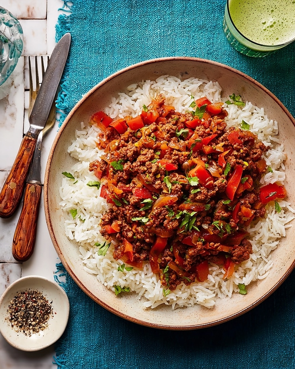 A round beige bowl filled with two main layers: the bottom layer is fluffy white rice spread evenly around the edges, and the top layer is a rich, chunky mixture of cooked ground meat, diced red bell peppers, and finely chopped onions scattered on top, garnished with small green herbs. The bowl sits on a bright blue cloth over a white marbled tile surface. To the left, there is a knife and fork with wooden handles. On the right top corner, a glass with a frothy green drink is visible, and below it, a small white plate with ground black pepper. photo taken with an iphone --ar 4:5 --v 7