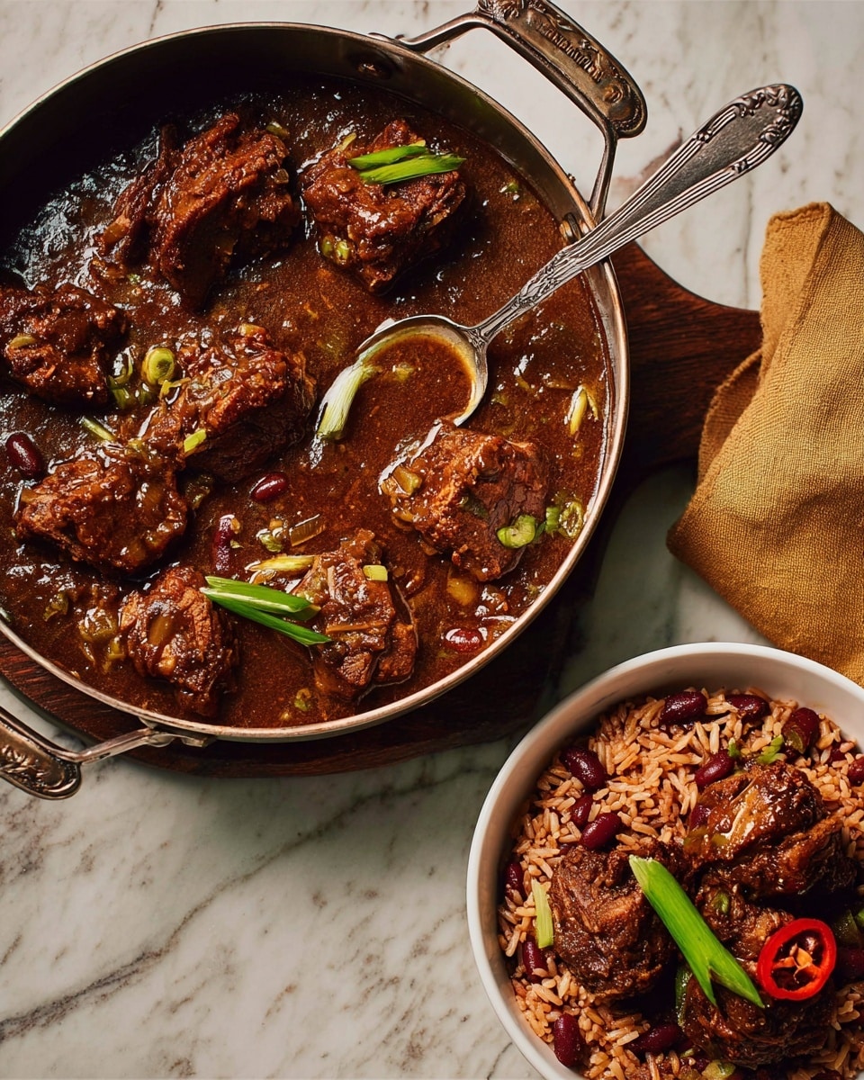 The image shows a large pan filled with several pieces of stewed meat in a thick, dark brown sauce with visible green onion pieces and a red pepper on the side. Next to the pan, there is a white bowl containing a dish with a base of reddish-brown rice mixed with kidney beans and topped with three pieces of stewed meat and a green onion piece. A silver spoon is resting inside the pan, and a mustard-colored cloth is placed near one handle. The background is a white marbled texture. photo taken with an iphone --ar 4:5 --v 7