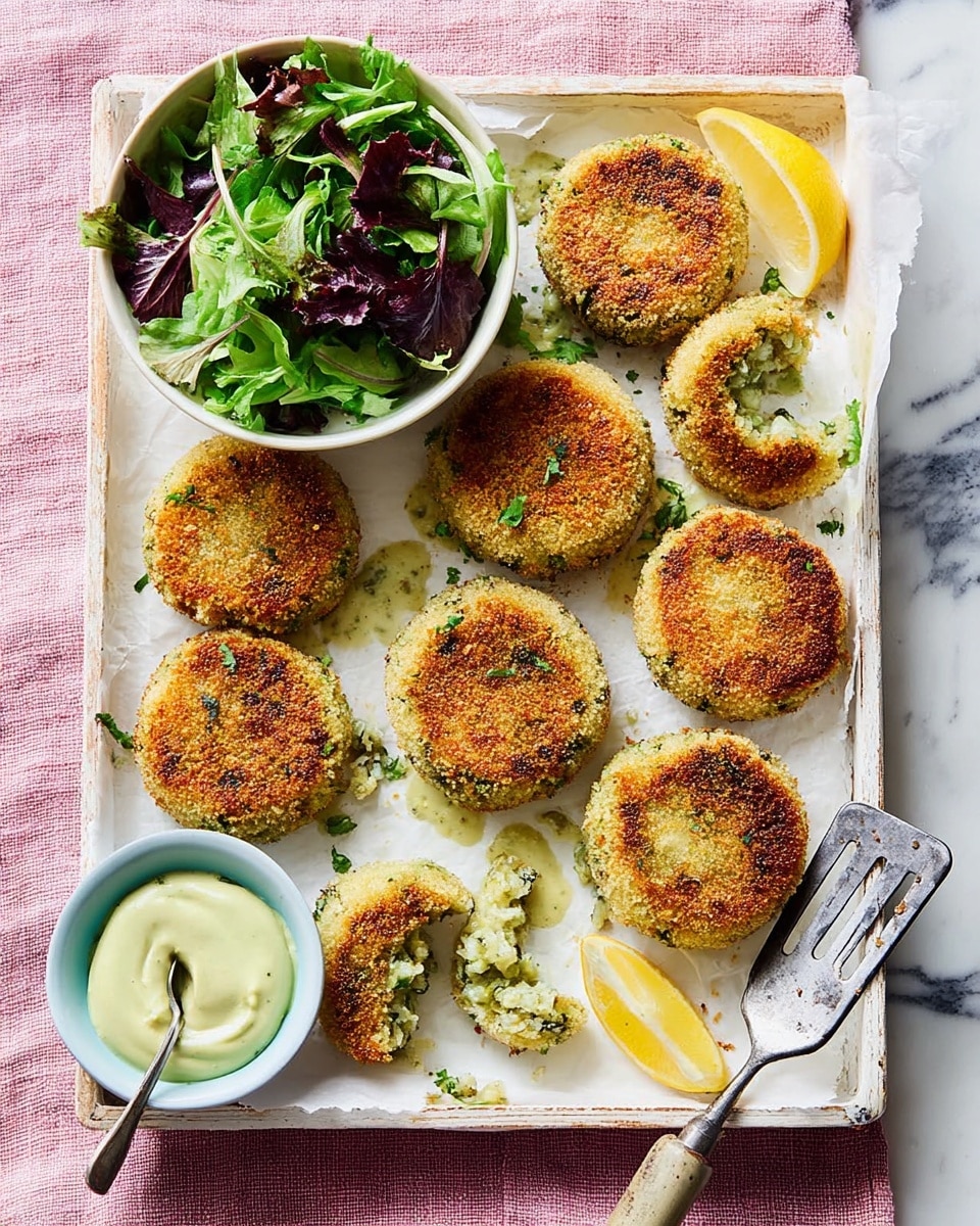 A white tray lined with white parchment paper holds nine golden brown, round patties with a crispy breaded crust and green inside, one patty broken to show the soft green inside texture. On the tray's top left corner is a white bowl filled with mixed green and dark purple leafy salad. Scattered lemon wedges are placed near the patties, and a silver spoon with a creamy, light green sauce rests in a small white bowl on the bottom left side. A metal spatula is also on the tray near the top right. The tray is on a pink cloth over a white marbled surface. photo taken with an iphone --ar 4:5 --v 7