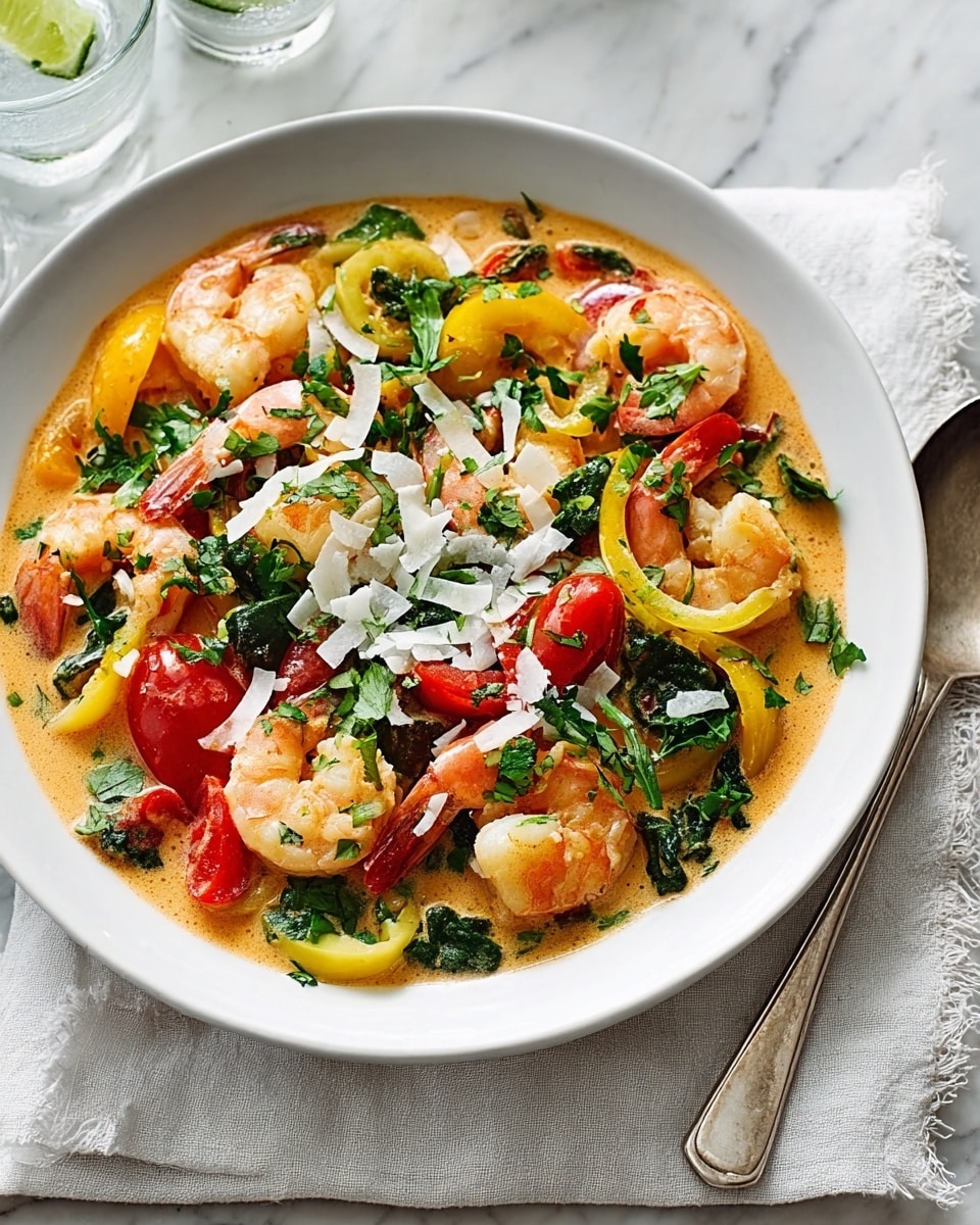 The dish is served in a deep white bowl set on a white marbled surface. It features a colorful mix of layers starting with a light orange creamy sauce that nearly fills the bowl. On top, there are plump shrimp with a pinkish-orange color, surrounded by halved cherry tomatoes in bright red and cooked yellow bell pepper strips. Leafy green herbs, likely cilantro or parsley, are scattered all over. Thin white coconut flakes add texture and contrast over the vibrant seafood and vegetables. A silver spoon rests beside the bowl on a soft white cloth. photo taken with an iphone --ar 4:5 --v 7