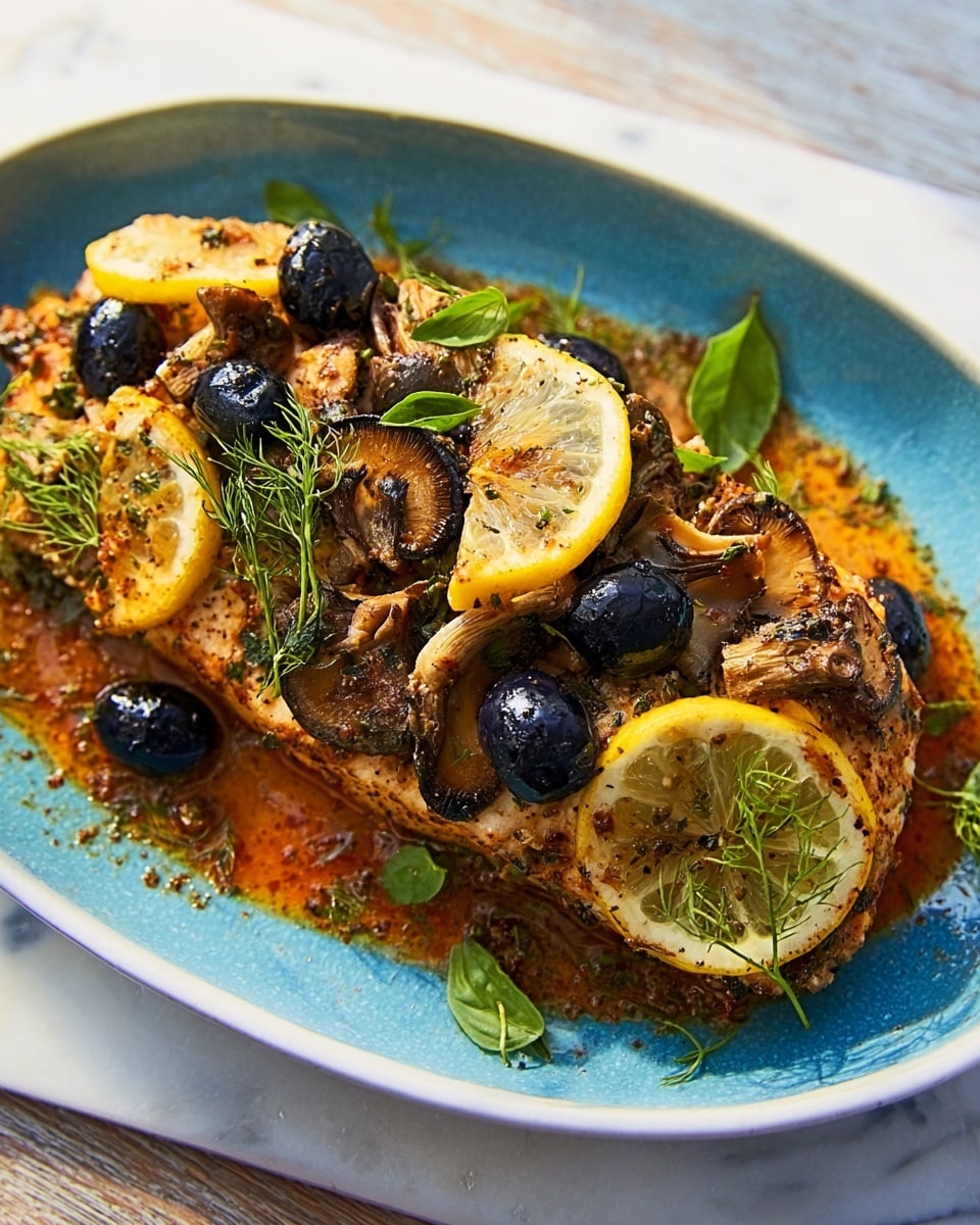 The dish shows a white oval plate with a blue interior filled with a cooked fish fillet layer topped with slices of yellow lemon, scattered black olives, and several pieces of browned grilled oyster mushrooms. It is garnished with small green basil leaves and sprigs of fresh dill, all resting on a sauce that looks thick and reddish-brown with specks of seasoning, placed on a white marbled surface. Photo taken with an iphone --ar 4:5 --v 7