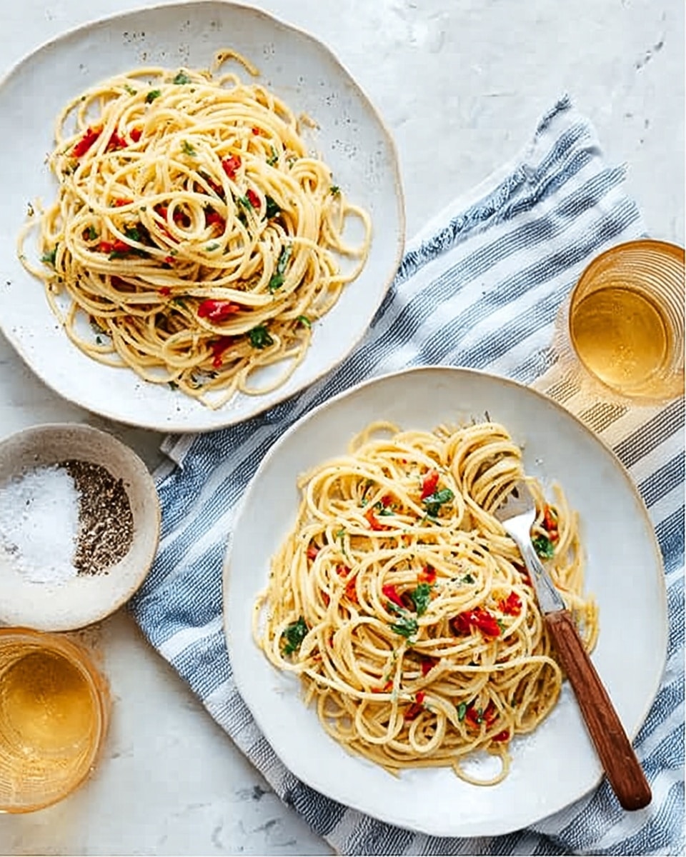 Two white plates sit on a white marbled surface with a blue and white striped cloth nearby. Each plate holds a serving of spaghetti pasta mixed with small pieces of red chili flakes and green herbs, giving a colorful and fresh look. The pasta strands are light golden and glossy, twisted neatly in mid-sized piles. One plate has a wooden-handled fork resting on the edge, while a woman's hand is holding the fork in the other plate. Around the plates, there is a small white bowl with salt and pepper, two amber-colored drinking glasses filled with liquid, and a clear glass water pitcher, all arranged casually. photo taken with an iphone --ar 4:5 --v 7