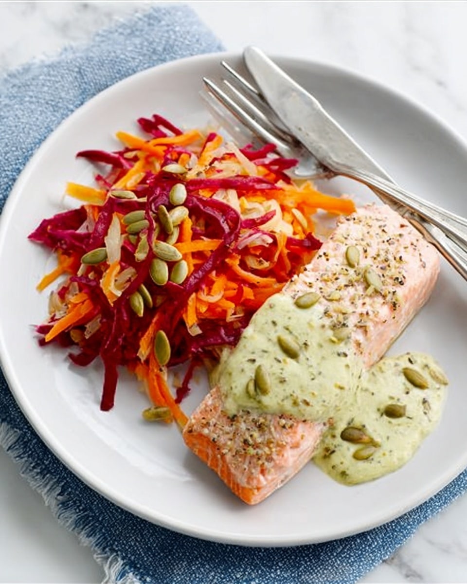 A white plate on a white marbled surface holds a simple meal with two main parts. On the left side, there is a single piece of cooked salmon with a light pink color and a soft texture, topped with a creamy green sauce that looks smooth and slightly thick. On the right side, a mix of shredded vegetables in bright orange, deep red, and pale beige colors is piled loosely, mixed with scattered sunflower and pumpkin seeds adding a bit of texture and color contrast. A silver fork and knife are placed above the plate near the upper right edge. photo taken with an iphone --ar 4:5 --v 7