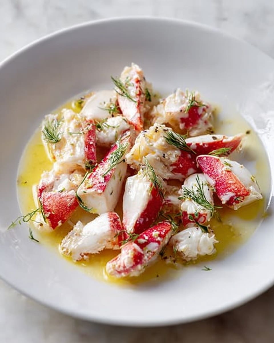 A white plate with a small pile of crab legs and pieces, showing red and white hues, topped with a creamy white sauce drizzled unevenly over the crab. Small sprigs of green dill are scattered on top, adding a touch of bright color. A light yellow oily dressing is also drizzled around the crab, blending softly with the creamy sauce. The plate sits on a white marbled surface. photo taken with an iphone --ar 4:5 --v 7