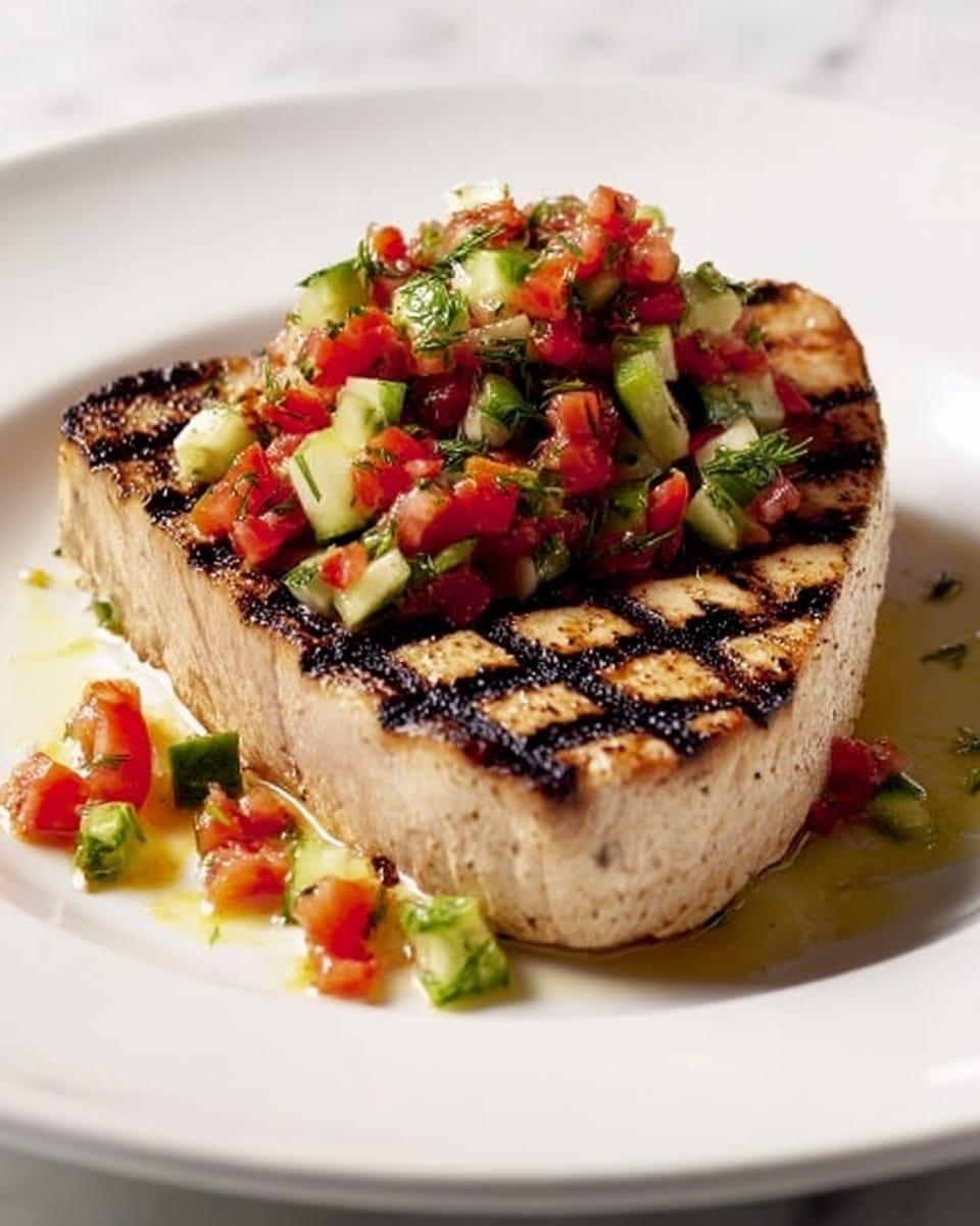 A grilled fish steak with dark grill marks is placed in the center of a wide, white plate. The thick fish piece is light beige with a slightly shiny texture. On top, there is a fresh salsa made of small diced red tomatoes, green cucumbers, and dill herbs that add bright green and red colors. Some of the salsa pieces spill around the fish onto the plate. The background is a white marbled surface. photo taken with an iphone --ar 4:5 --v 7