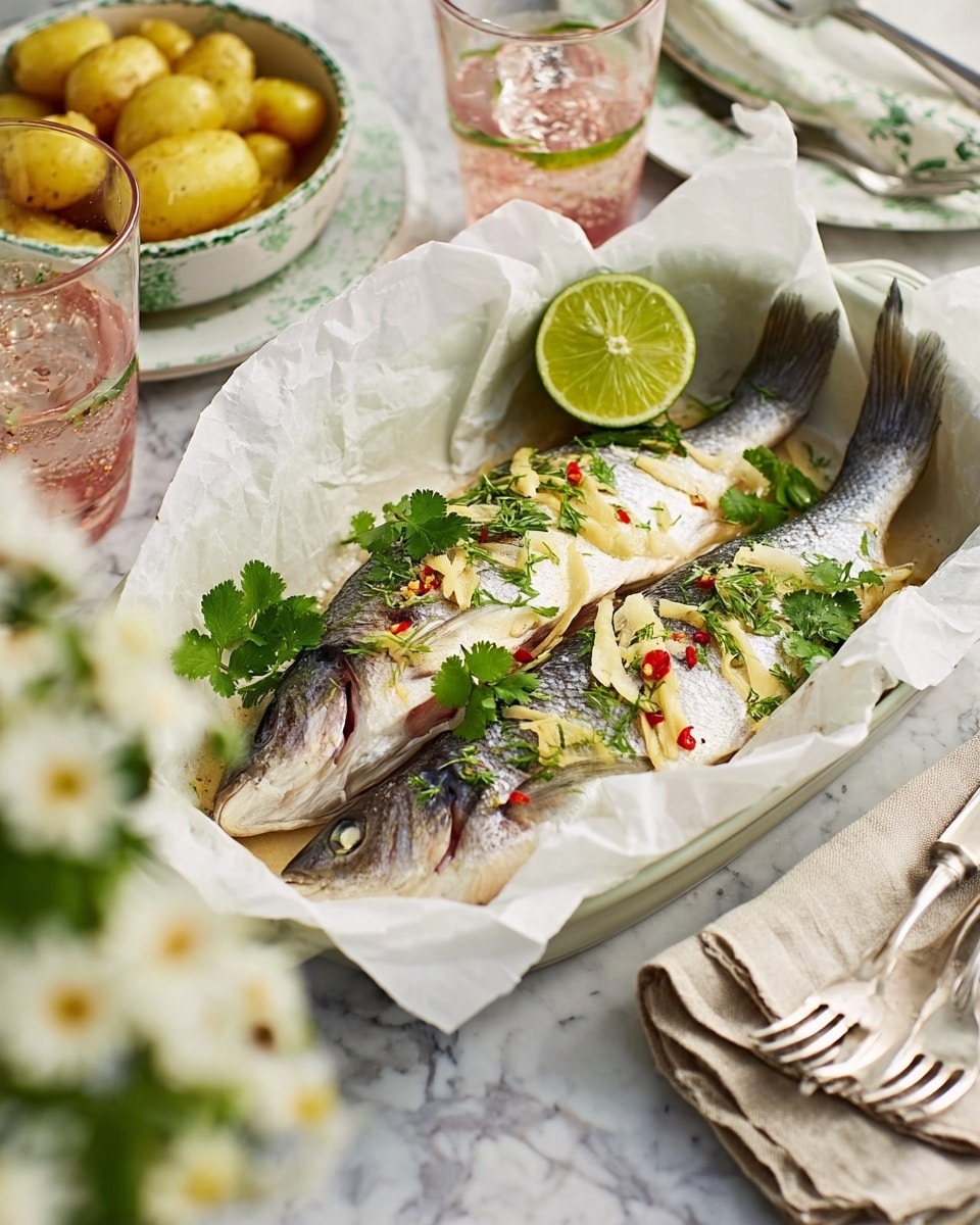 The image shows two whole cooked fish lying side by side in a small white dish lined with white parchment paper. The fish have a shiny silver skin with light grill marks and are topped with thin slices of herbs and small red chili flakes scattered across them. Near the top edge inside the dish, there is a halved lime with vibrant green skin and juicy inside. Fresh green cilantro leaves are spread on and around the fish. The dish sits on a white marbled surface, and nearby there is a white bowl with small yellow roasted potatoes. On the right side, a white plate holds a fork and knife on a folded beige napkin. Two glasses of clear pinkish drink with lemon slices are visible at the sides, adding a fresh look. In the front corner, blurred white flowers add softness to the scene. The whole setting looks bright and clean. photo taken with an iphone --ar 4:5 --v 7
