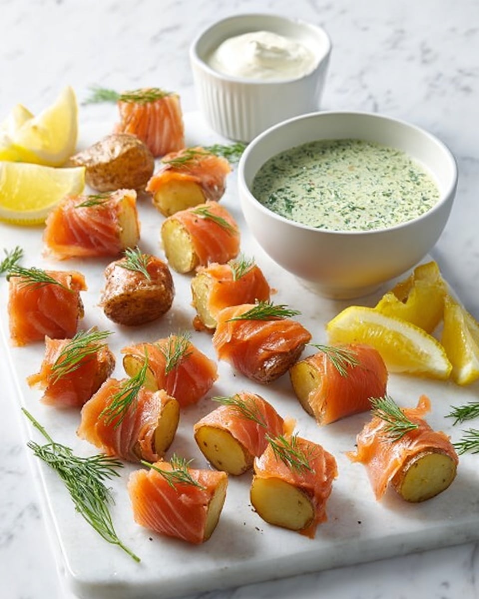 The image shows a white rectangular plate on a white marbled surface, topped with multiple small snacks made of light brown potato wedges wrapped with bright orange smoked salmon slices. Each snack has a sprig of green dill placed on top, and several yellow lemon wedges are scattered around the plate. To the right side on the plate, there are two white bowls; one filled with a creamy green herb sauce with visible chopped herbs, and the other bowl contains white sour cream with a smooth texture. photo taken with an iphone --ar 4:5 --v 7
