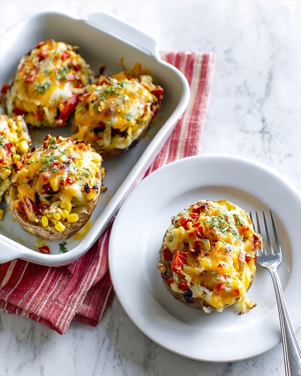 The image shows a white baking dish with three stuffed baked potatoes, each topped with a layer of melted golden cheese that is slightly browned, with bits of green herbs sprinkled on top. The potatoes have fillings including yellow corn, red tomato pieces, and possibly diced vegetables under the cheese layer. Next to the baking dish, there is a white round plate holding one stuffed potato with the same toppings, placed beside a silver fork. The setting is on a white marbled surface with a striped red and white cloth partly visible under the baking dish. photo taken with an iphone --ar 4:5 --v 7