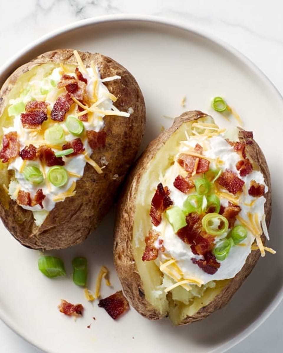 Two baked potatoes sit side by side on a white plate over a white marbled surface. Each potato is split open, showing a soft, light yellow inside. The first layer inside is smooth, white sour cream filling the potato opening. On top, small bits of crispy reddish-brown bacon are scattered, along with thin slices of bright green spring onion. Shredded pale yellow cheese is also sprinkled over the top, partially melting into the sour cream. The potato skins are a deep brown color with a slightly wrinkled texture. Photo taken with an iphone --ar 4:5 --v 7