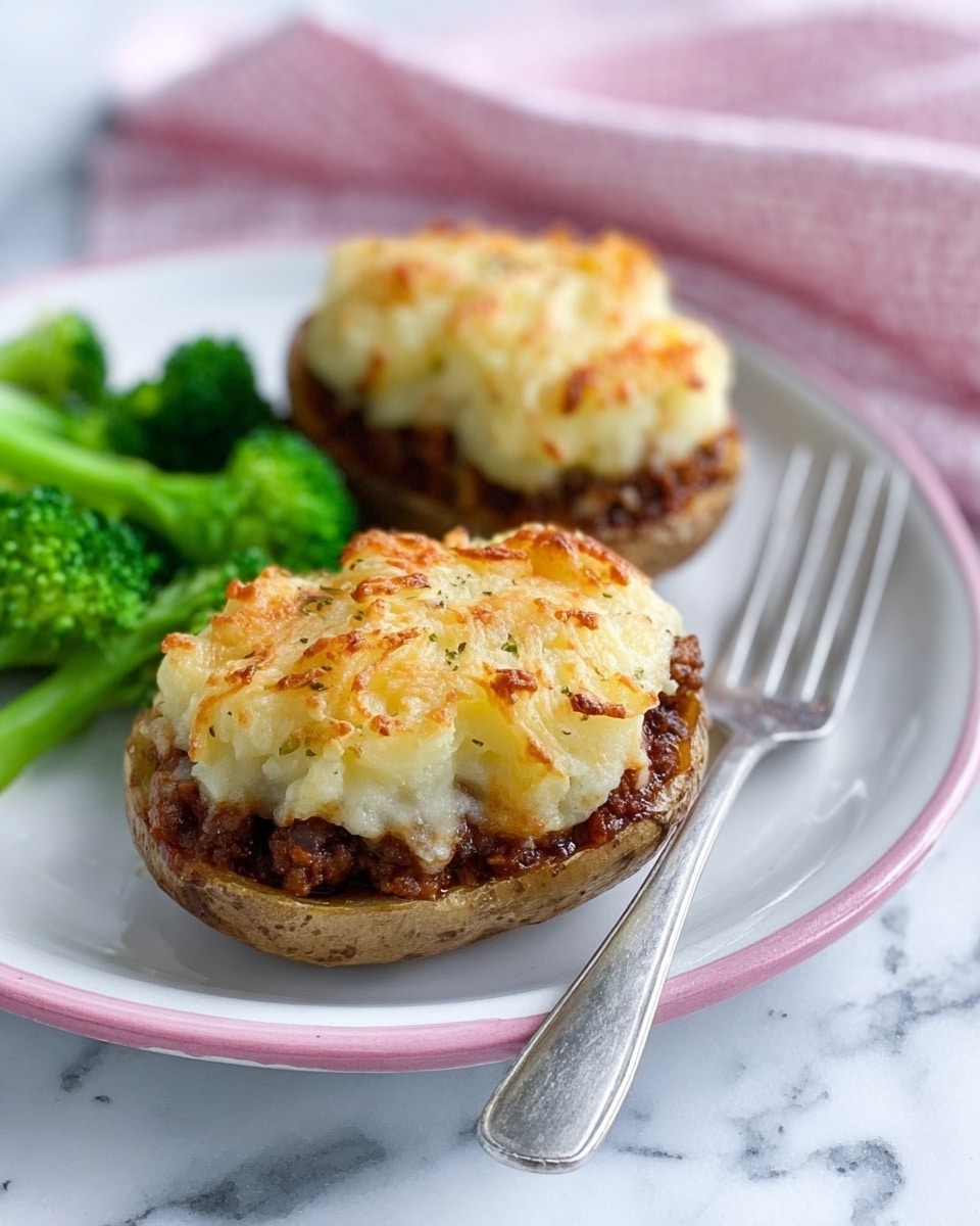 The image shows two stuffed potato halves on a white round plate with a thin pink rim, placed on a white marbled surface. Each potato half is filled with a dark brown minced meat layer at the base, topped by a thick, golden-browned mashed potato layer with a rough, slightly crispy texture. To the side of the potatoes, there is a small pile of bright green broccoli florets. A silver fork rests on the right side of the plate. A blurred pink and white cloth is visible in the background, adding a soft touch to the scene. Photo taken with an iphone --ar 4:5 --v 7