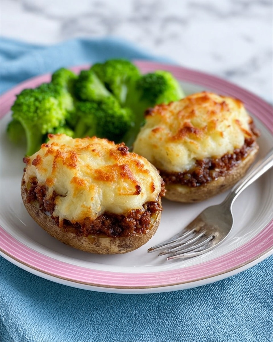 The image shows two twice-baked potatoes on a white plate with a pink rim, placed on a blue cloth over a white marbled surface. Each potato half has a base layer of dark brown seasoned ground meat, topped with a thick, golden-browned layer of mashed potatoes with a slightly crispy texture. Bright green steamed broccoli florets sit behind the potatoes on the plate. A silver fork rests on the right side of the plate, with its tines pointing toward the potatoes. Photo taken with an iphone --ar 4:5 --v 7