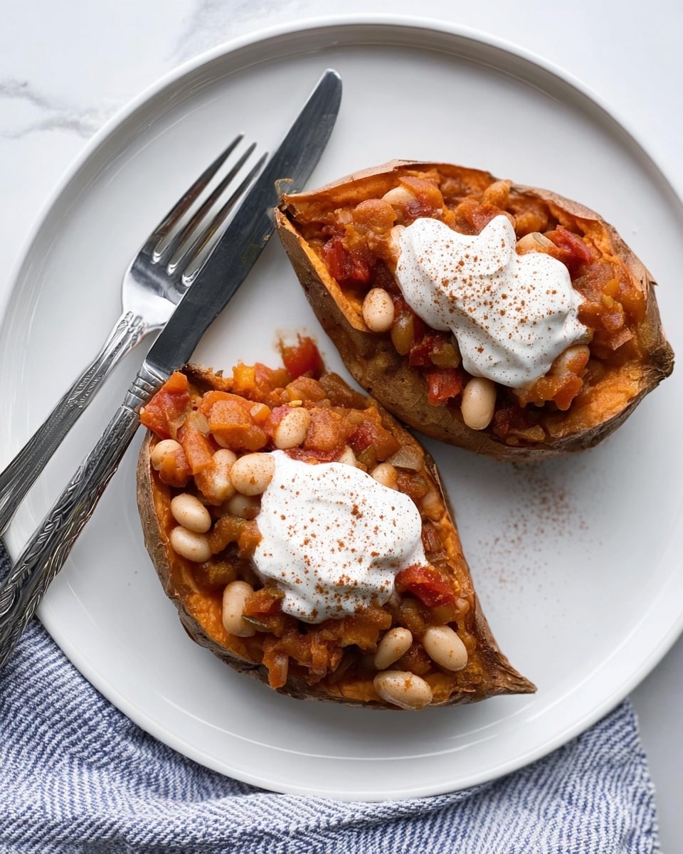 The image shows two baked sweet potato halves on a round white plate with a shiny silver fork and knife placed on the left side. Each sweet potato half is filled with a chunky bean stew that has visible white and brown beans mixed with small pieces of tomato and other vegetables. On top of each sweet potato, there is a dollop of white sour cream sprinkled lightly with brown paprika powder. The plate is set on a white marbled surface with a blue and white striped cloth napkin partially visible on the right side. The lighting is soft and natural, highlighting the textures of the sweet potato skin, beans, and creamy topping. Photo taken with an iphone --ar 4:5 --v 7