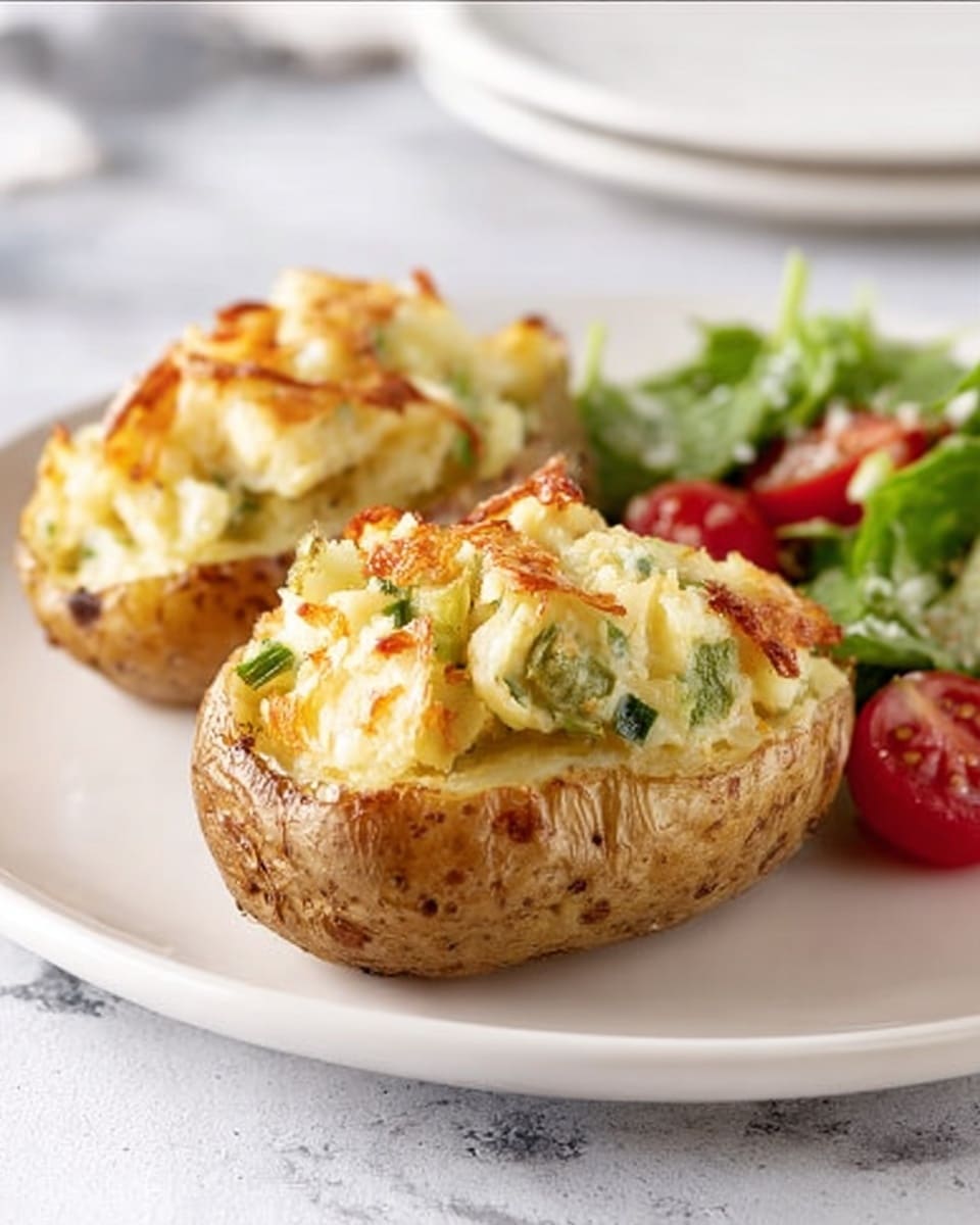 The image shows two baked potato halves on a white plate, each filled with a creamy mixture of diced potatoes, melted cheese, and chopped green herbs on top. The potato skins look crispy and golden brown. Next to the stuffed potatoes is a small side salad with bright green leafy lettuce and halved red cherry tomatoes. The plate sits on a white marbled surface with a blurred glass of water in the background. Photo taken with an iphone --ar 4:5 --v 7