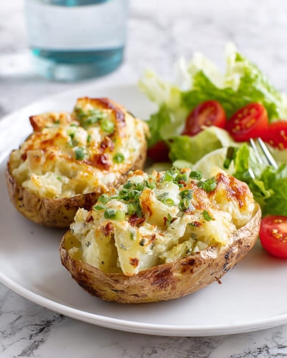 Two golden-brown baked potato halves with a slightly wrinkled skin and a creamy, light yellow filling mixed with bits of green vegetable, placed in the front center of a white plate. The filling has a soft, chunky texture with some melted cheese or cream on top. At the back right of the plate, there is a small side salad with bright red halved cherry tomatoes, green leafy vegetables, and a light dressing visible as a shine on the leaves. The plate sits on a white marbled surface, and the background is softly blurred. photo taken with an iphone --ar 4:5 --v 7