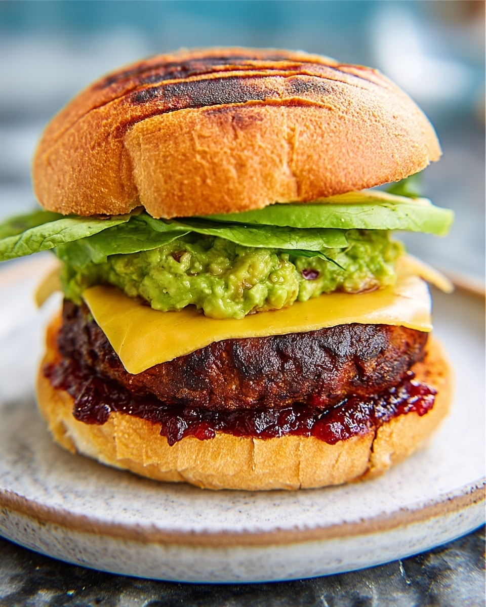 A close-up of a burger on a white plate set on a white marbled surface. The burger has four clear layers: the bottom layer is a golden toasted bun with slight charring, followed by fresh green lettuce leaves that create a crisp base. Above the lettuce sits a thick, dark brown grilled patty with a slightly rough texture. On top of the patty is a smooth, pale yellow slice of cheese, slightly melted at the edges, and a layer of chunky green guacamole resting on the cheese. The top layer is a golden toasted bun with visible grill marks and a soft texture. Photo taken with an iphone --ar 4:5 --v 7